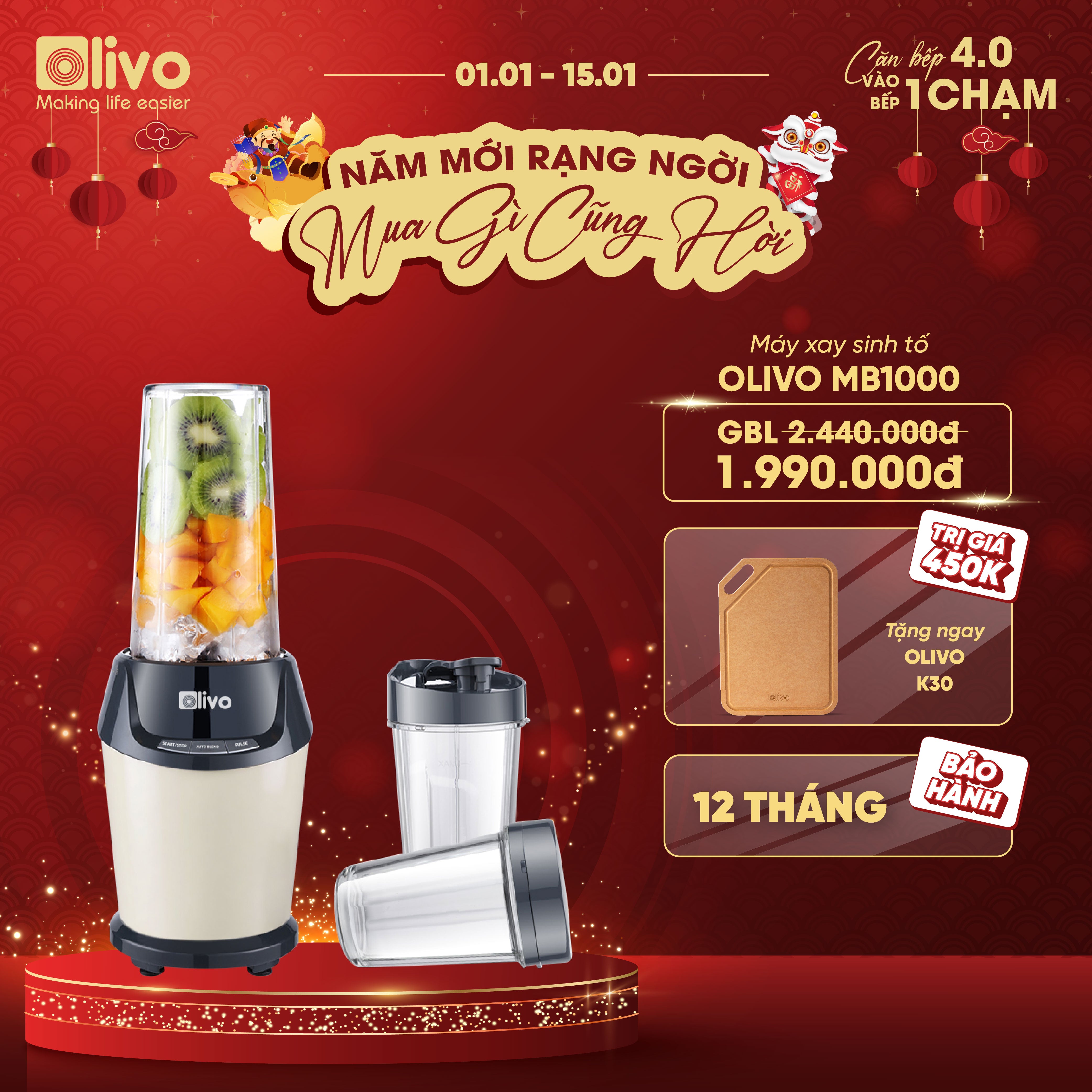 Máy Xay Sinh Tố OLIVO MB1000 - Ba Cốc Xay Linh Hoạt - Xay Đá Bào, Xay Sinh Tố, Smoothie, Đồ Ăn Dặm Cho Bé, Xay Đồ Khô - Công Suất Lớn 1000W