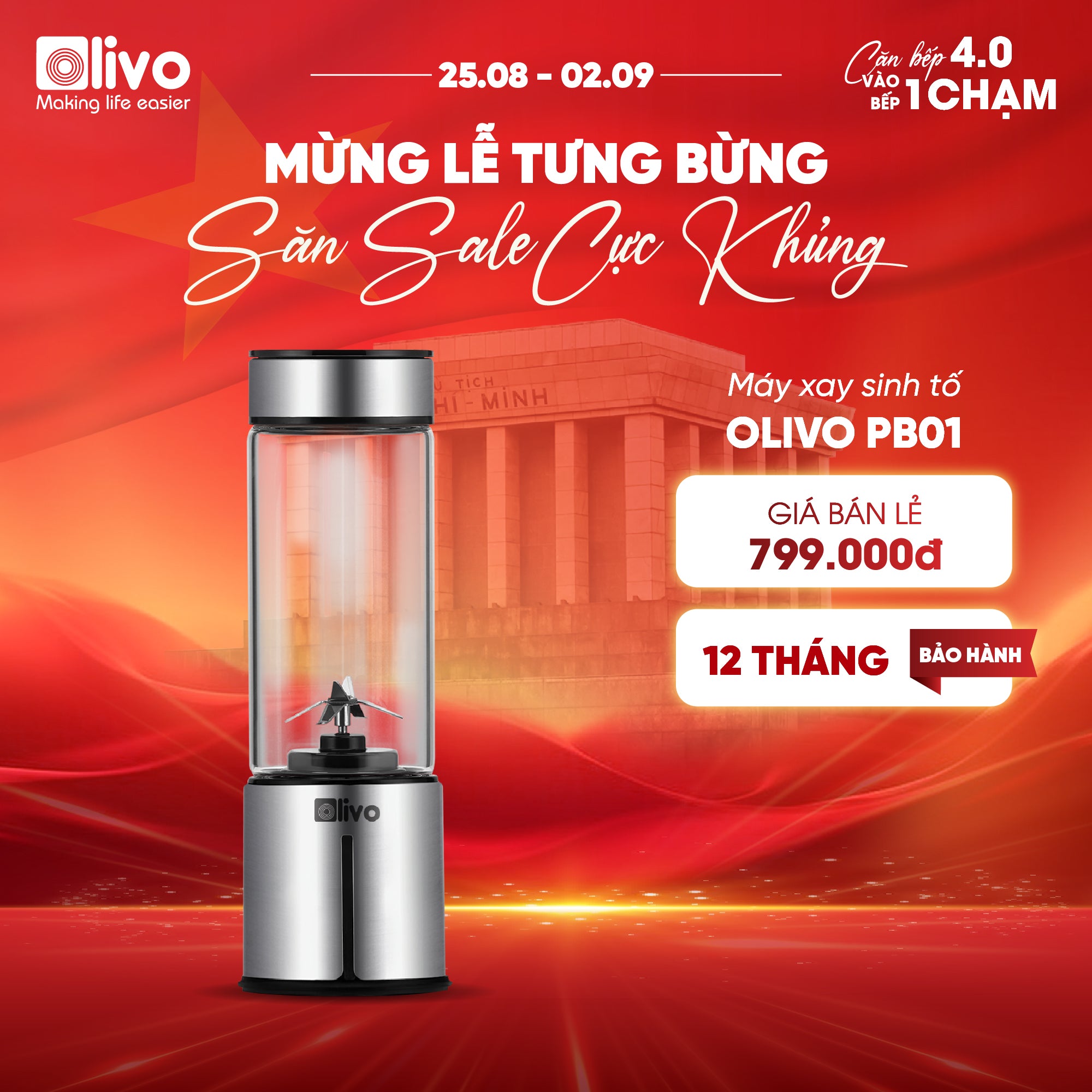 Máy Xay Sinh Tố Cầm Tay OLIVO PB01 – Xay Được Đá Viên, Sạc Pin Sử Dụng Không Cần Dây – Nhỏ Gọn, Cao Cấp, Tiện Lợi, Dung Tích 450ML
