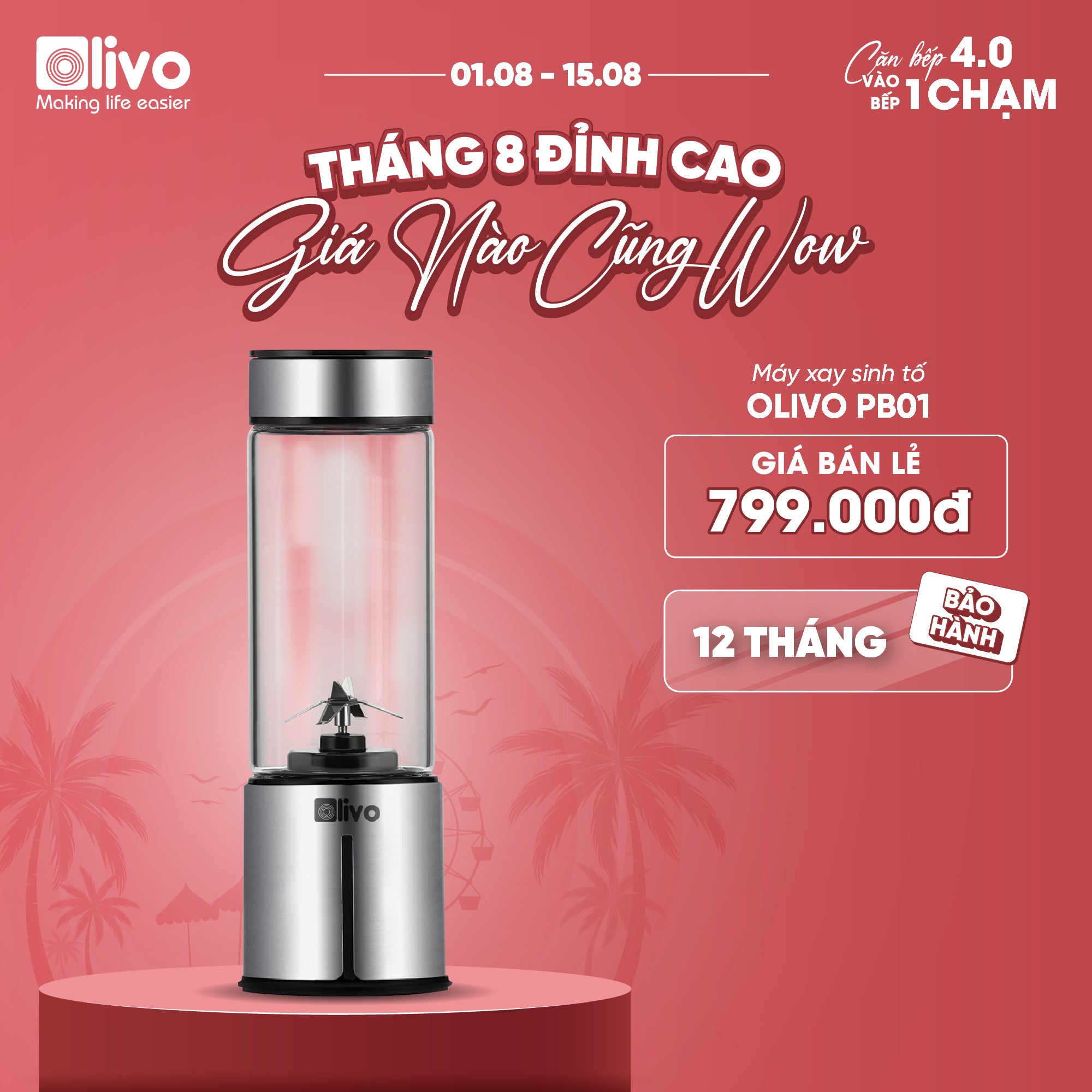 Máy Xay Sinh Tố Cầm Tay OLIVO PB01 – Xay Được Đá Viên, Sạc Pin Sử Dụng Không Cần Dây – Nhỏ Gọn, Cao Cấp, Tiện Lợi, Dung Tích 450ML