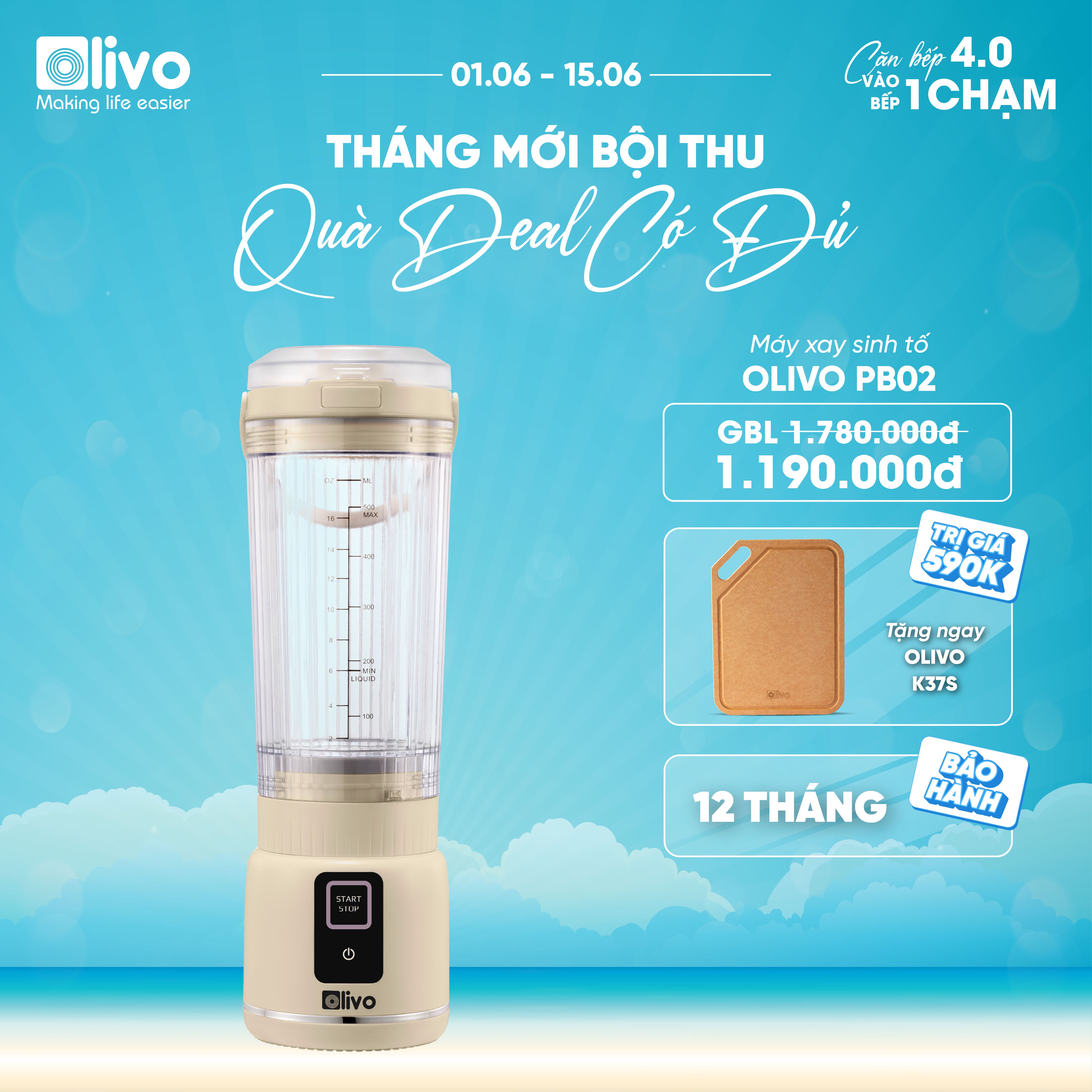 Máy Xay Sinh Tố Cầm Tay OLIVO PB02 - Pin Sạc Bền Bỉ - Nắp Đế Thay Thế - Quai Cầm Tiện Lợi - Dễ Dàng Vệ Sinh - Dung Tích 500ML - Công Suất 100W