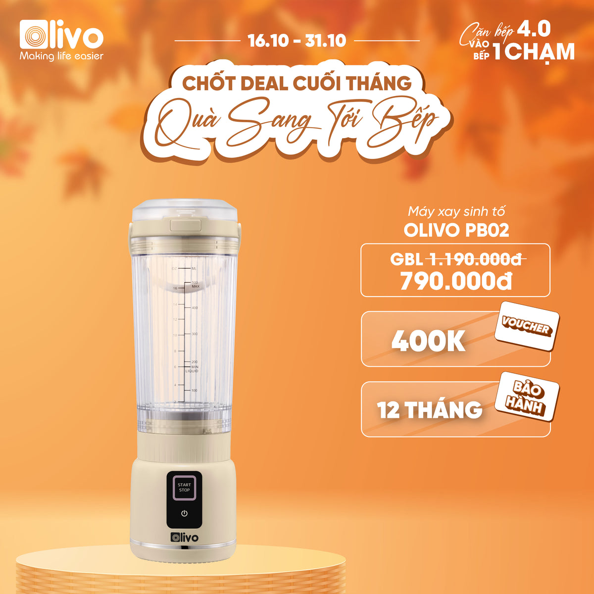 Máy Xay Sinh Tố Cầm Tay OLIVO PB02 - Pin Sạc Bền Bỉ - Nắp Đế Thay Thế - Quai Cầm Tiện Lợi - Dễ Dàng Vệ Sinh - Dung Tích 500ML - Công Suất 100W