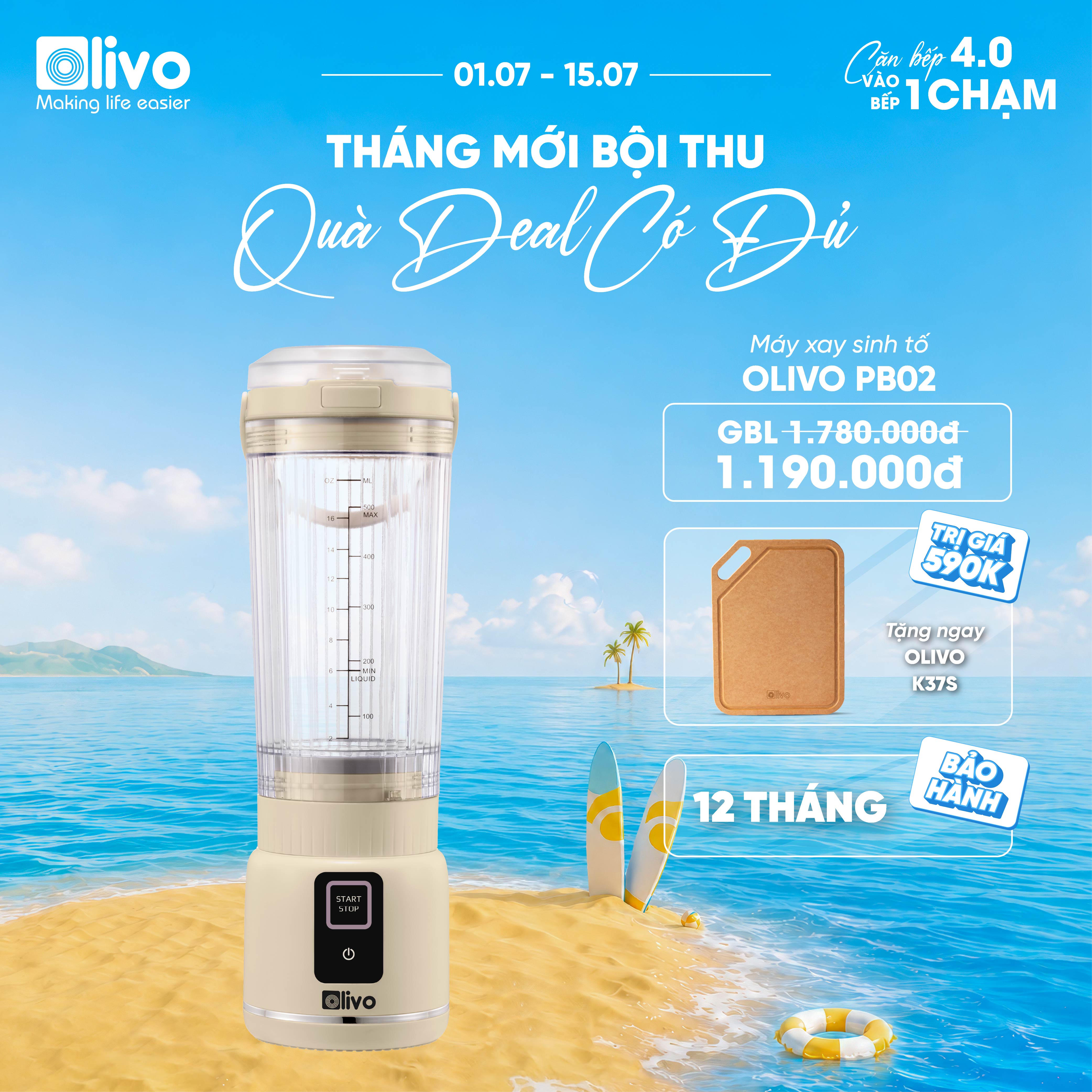 Máy Xay Sinh Tố Cầm Tay OLIVO PB02 - Pin Sạc Bền Bỉ - Nắp Đế Thay Thế - Quai Cầm Tiện Lợi - Dễ Dàng Vệ Sinh - Dung Tích 500ML - Công Suất 100W