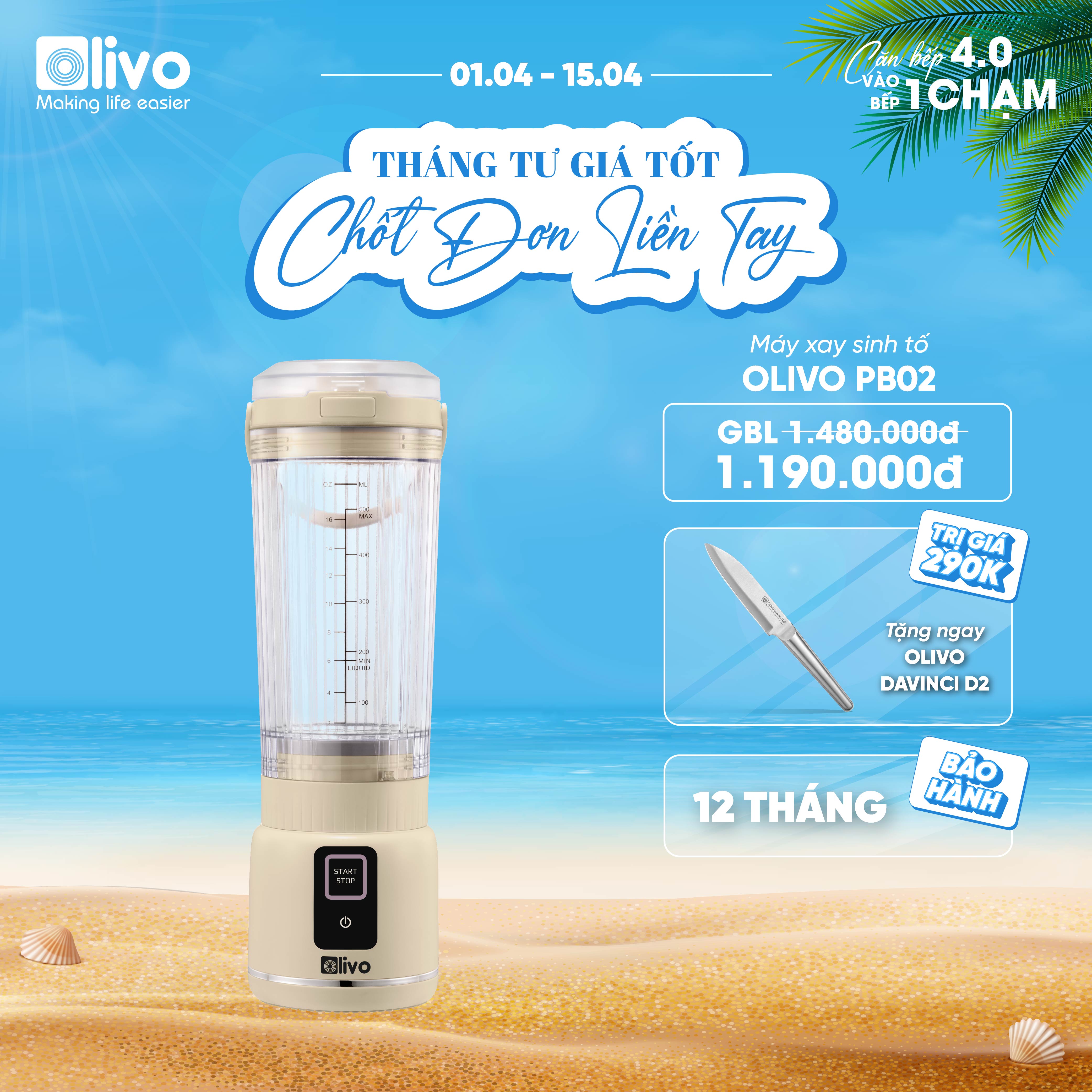 Máy Xay Sinh Tố Cầm Tay OLIVO PB02 - Pin Sạc Bền Bỉ - Nắp Đế Thay Thế - Quai Cầm Tiện Lợi - Dễ Dàng Vệ Sinh - Dung Tích 500ML - Công Suất 100W