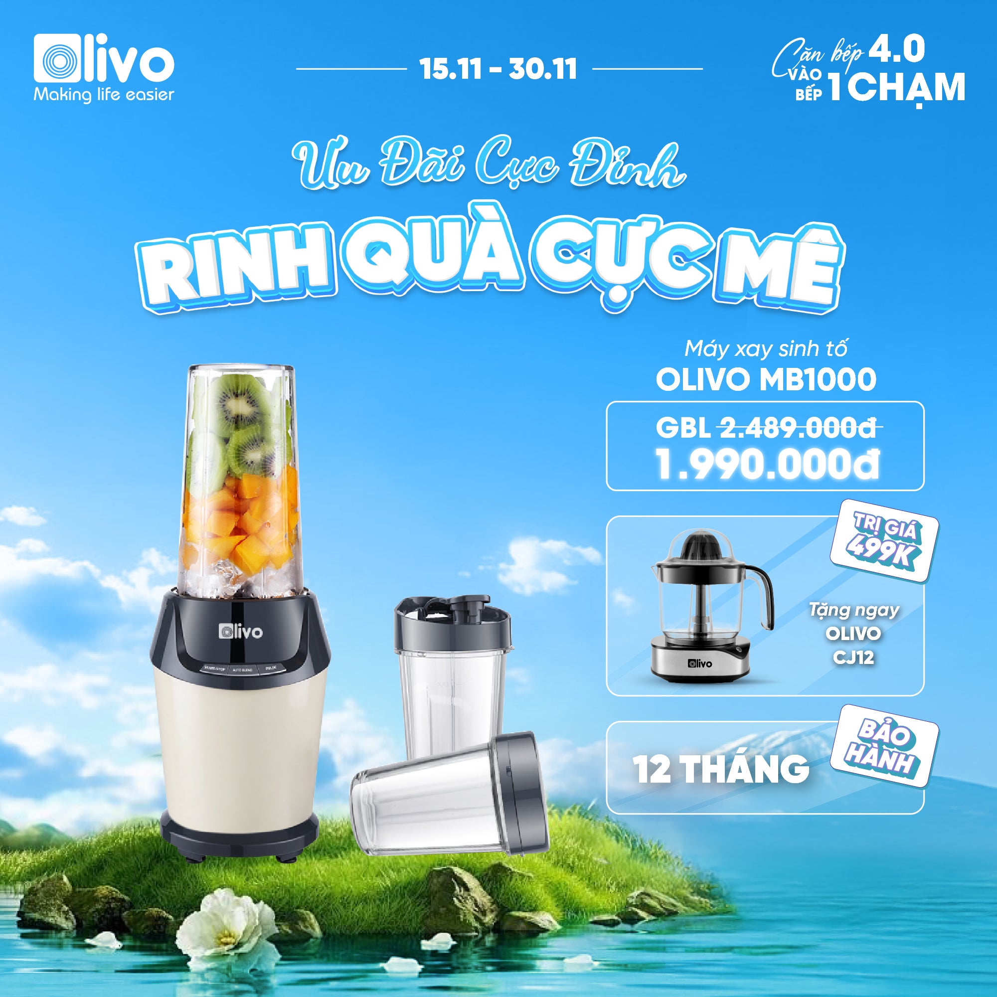 Máy Xay Sinh Tố OLIVO MB1000 - Ba Cốc Xay Linh Hoạt - Xay Đá Bào, Xay Sinh Tố, Smoothie, Đồ Ăn Dặm Cho Bé, Xay Đồ Khô - Công Suất Lớn 1000W