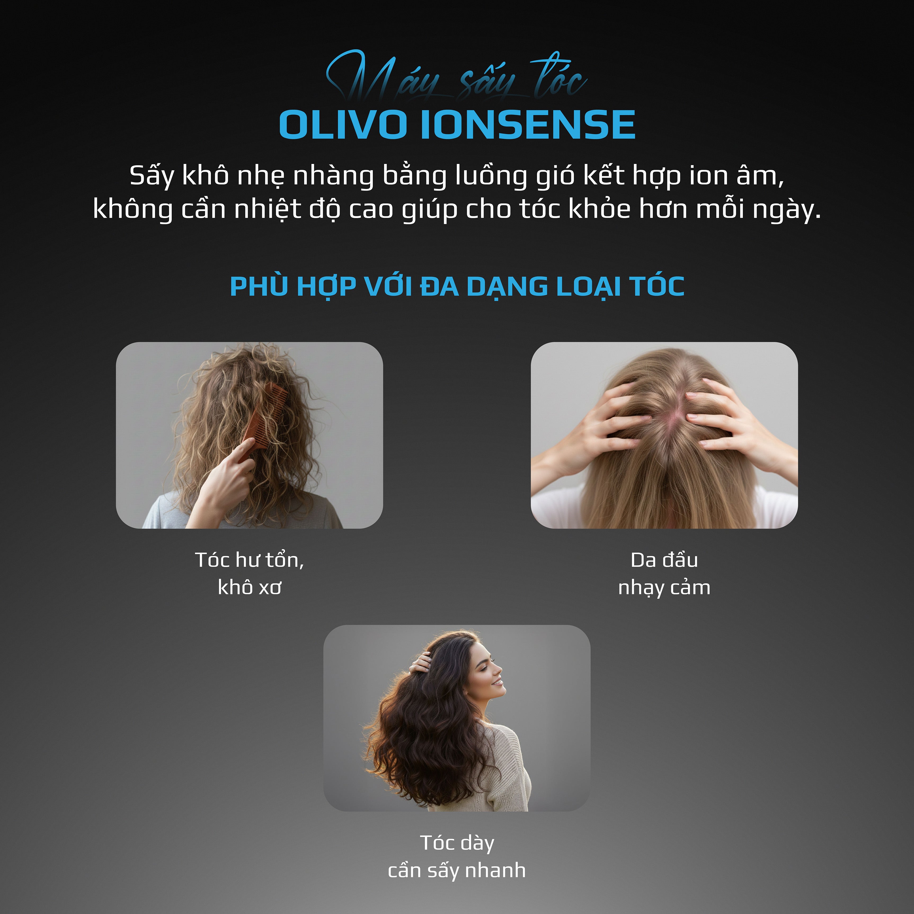 Máy Sấy Tóc OLIVO IonSense - Máy Sấy Tóc Ion Âm Tốc Độ Cao, 9 Chế Độ Sấy, Phụ Kiện Đa Dạng, Cảm Biến Nhiệt Thông Minh, Màu Sắc Sang Trọng