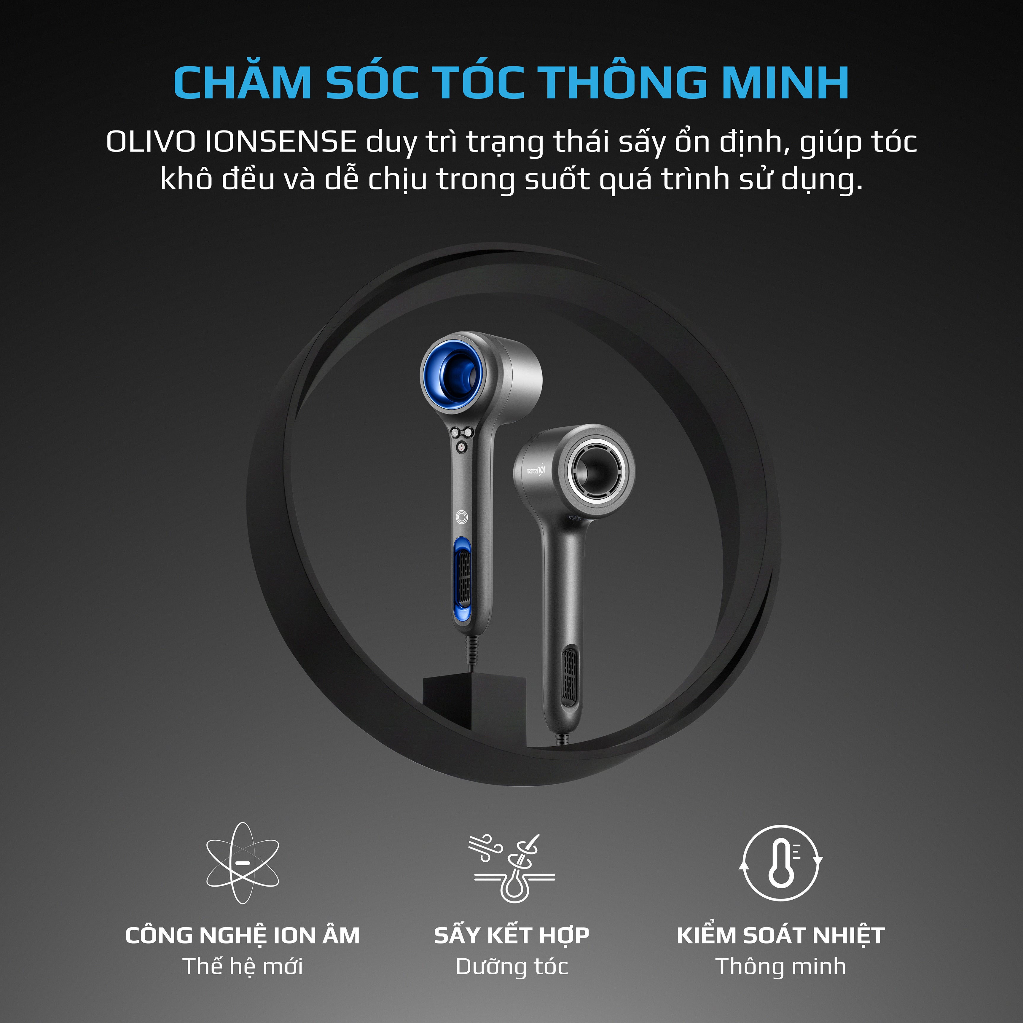 Máy Sấy Tóc OLIVO IonSense - Máy Sấy Tóc Ion Âm Tốc Độ Cao, 9 Chế Độ Sấy, Phụ Kiện Đa Dạng, Cảm Biến Nhiệt Thông Minh, Màu Sắc Sang Trọng