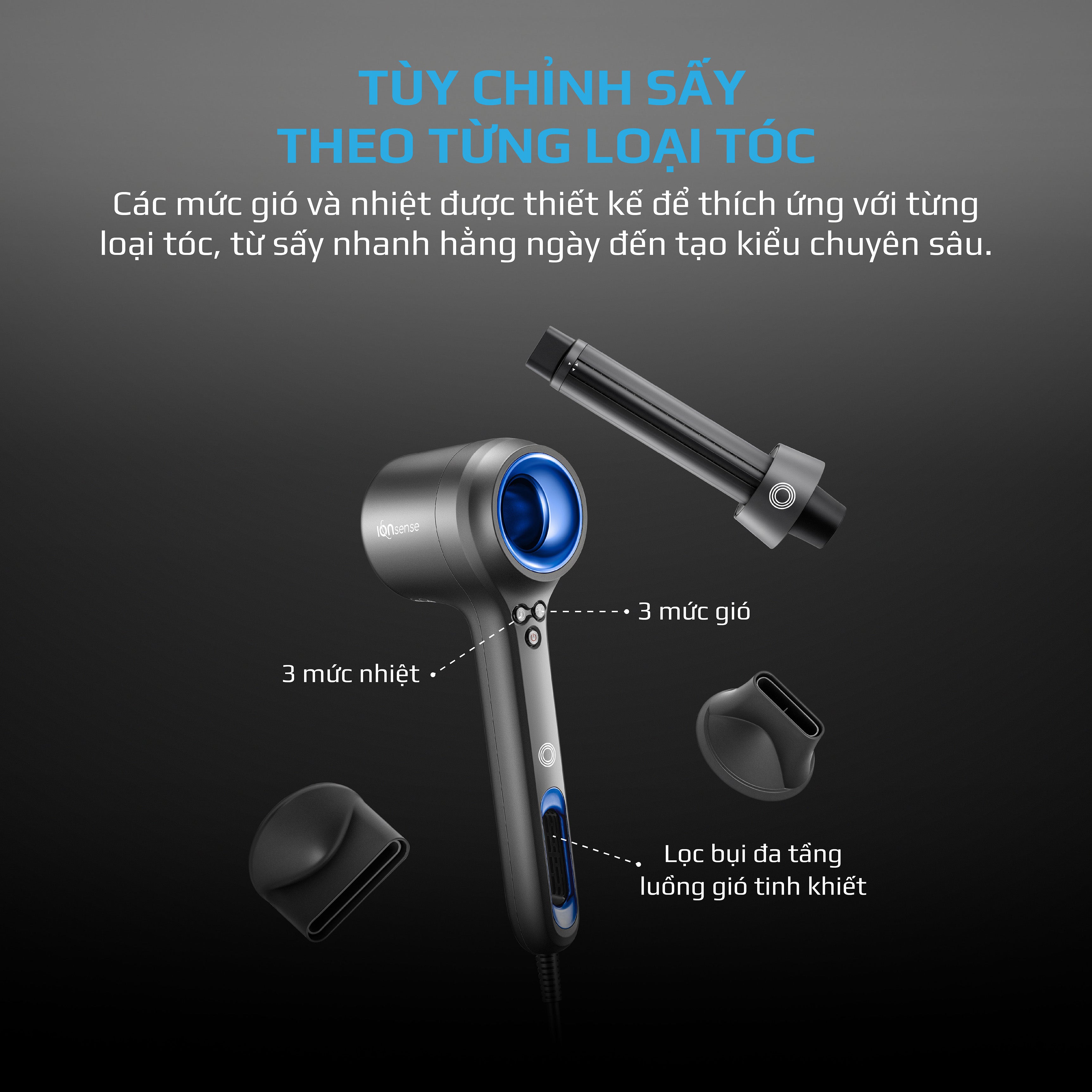 Máy Sấy Tóc OLIVO IonSense - Máy Sấy Tóc Ion Âm Tốc Độ Cao, 9 Chế Độ Sấy, Phụ Kiện Đa Dạng, Cảm Biến Nhiệt Thông Minh, Màu Sắc Sang Trọng
