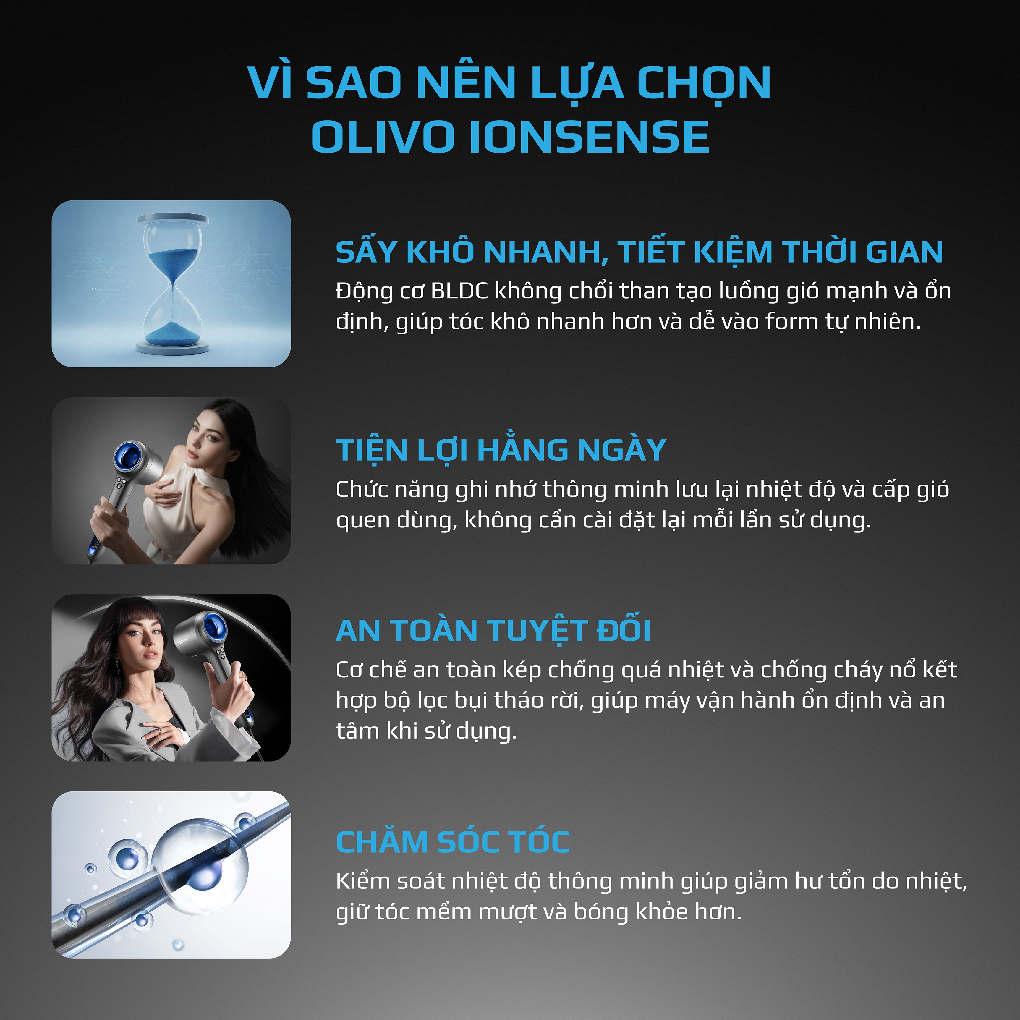 Máy Sấy Tóc OLIVO IonSense - Máy Sấy Tóc Ion Âm Tốc Độ Cao, 9 Chế Độ Sấy, Phụ Kiện Đa Dạng, Cảm Biến Nhiệt Thông Minh, Màu Sắc Sang Trọng