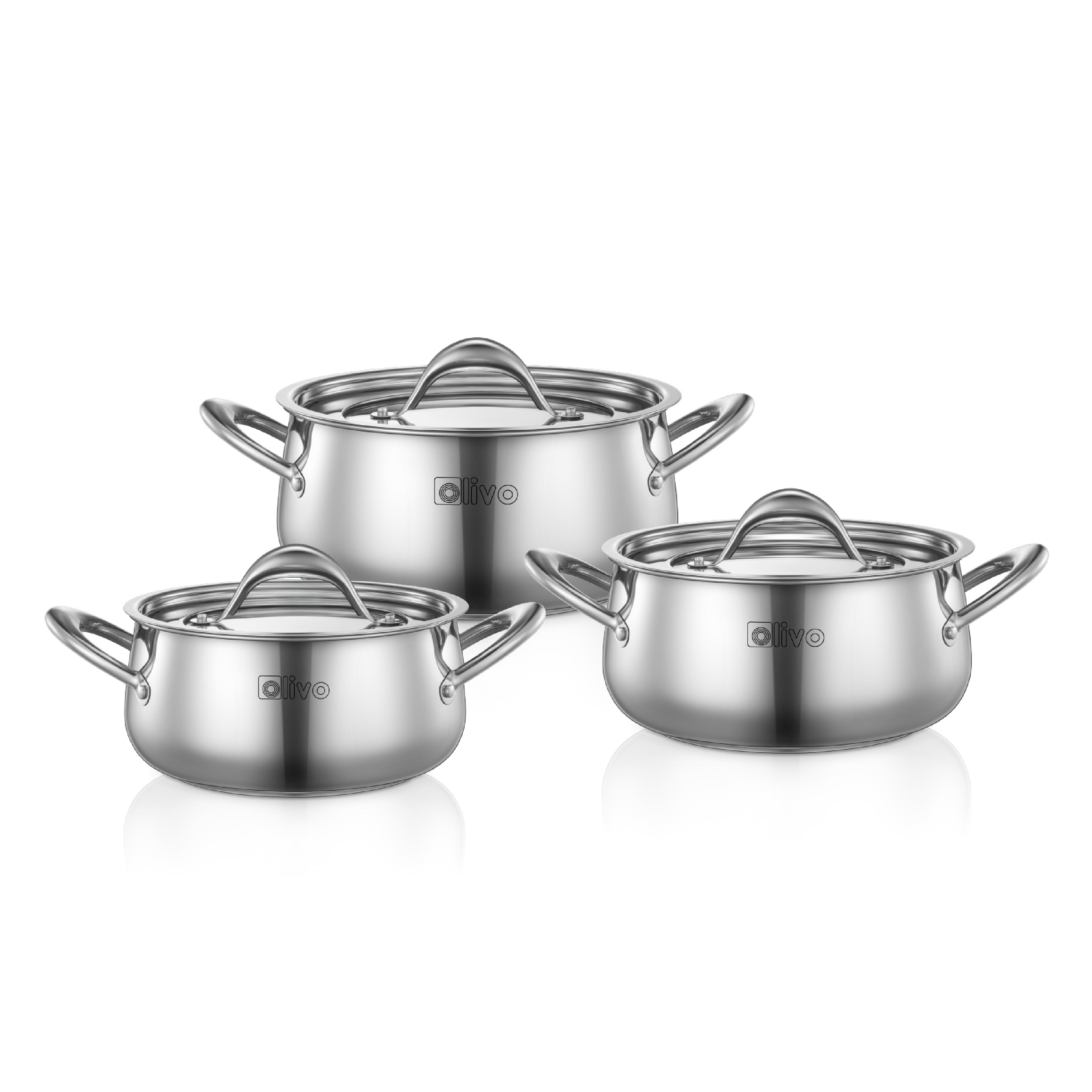 Bộ Nồi Inox OLIVO Chef’s Premium - Bộ 3 Nồi - Đa Dạng Kích Thước - Đáy Kép Liền Khối - Nắp Kính Cường Lực - Nấu Được Trên Mọi Loại Bếp