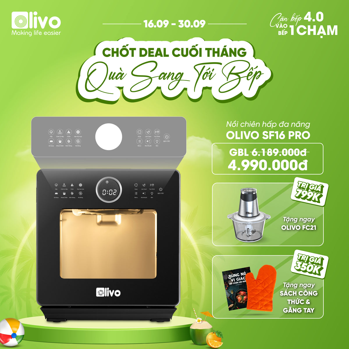 Nồi Chiên Hấp Đa Năng OLIVO SF16 PRO 2026 - 70 Chế Độ Cài Sẵn, Toàn Bộ Khoang Nồi Và Phụ Kiện Bằng Inox 304 Cao Cấp, Dung Tích 16L, Vệ Sinh Dễ Dàng