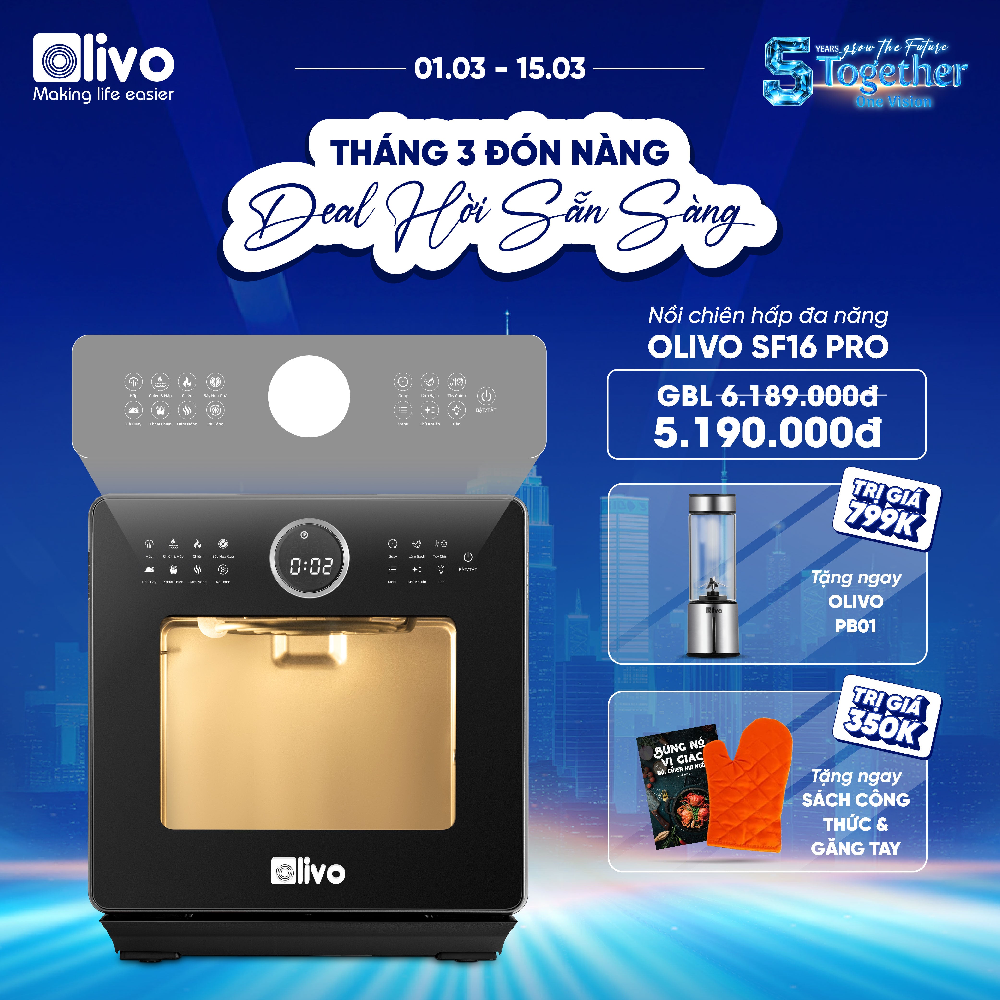 Nồi Chiên Hấp Đa Năng OLIVO SF16 PRO 2025 - 70 Chế Độ Cài Sẵn, Toàn Bộ Khoang Nồi Và Phụ Kiện Bằng Inox 304 Cao Cấp, Dung Tích 16L, Vệ Sinh Dễ Dàng