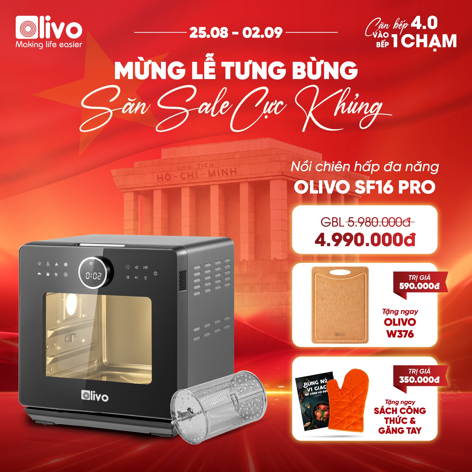 Nồi Chiên Hấp Đa Năng OLIVO SF16 PRO 2025 - 70 Chế Độ Cài Sẵn, Toàn Bộ Khoang Nồi Và Phụ Kiện Bằng Inox 304 Cao Cấp, Dung Tích 16L, Vệ Sinh Dễ Dàng