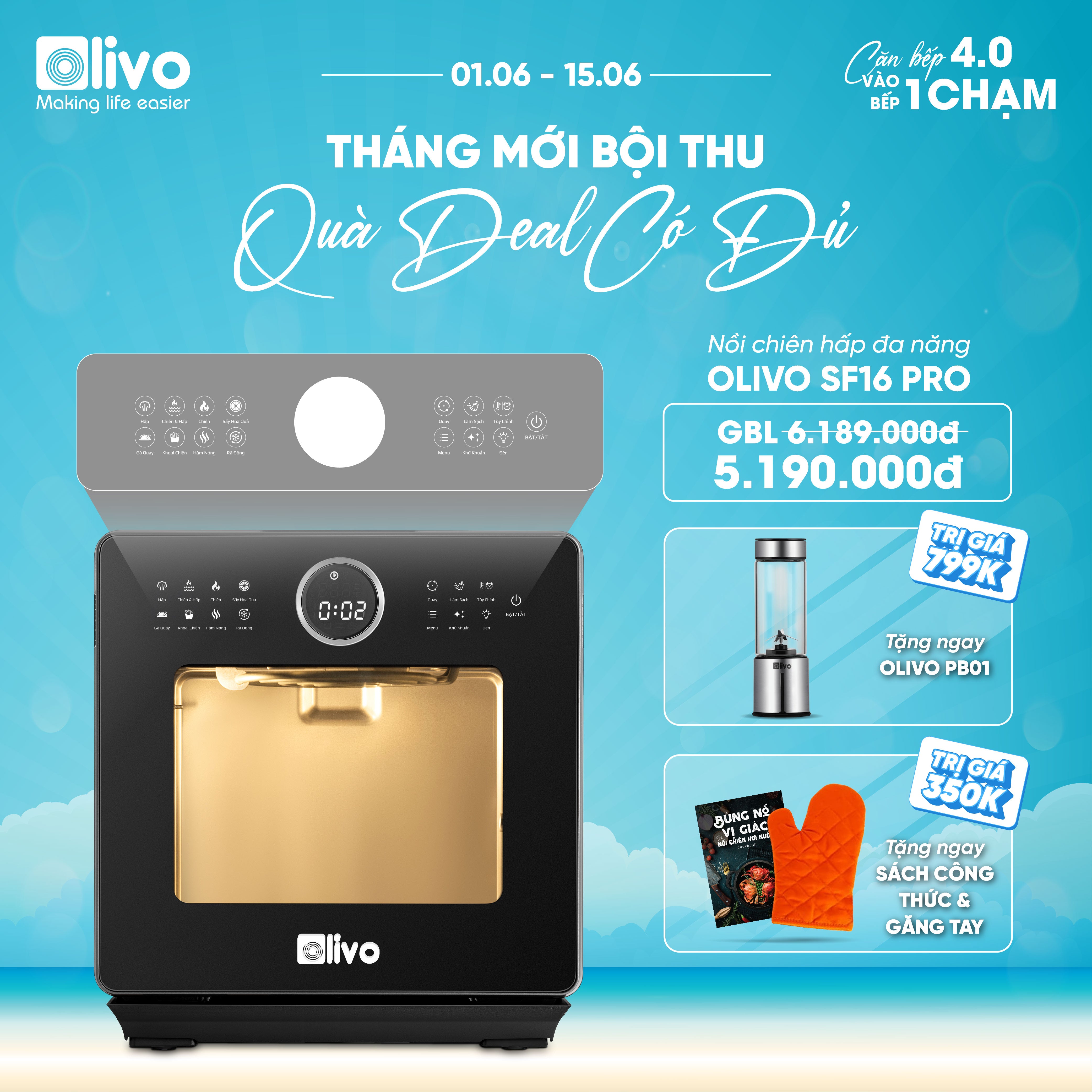 Nồi Chiên Hấp Đa Năng OLIVO SF16 PRO 2025 - 70 Chế Độ Cài Sẵn, Toàn Bộ Khoang Nồi Và Phụ Kiện Bằng Inox 304 Cao Cấp, Dung Tích 16L, Vệ Sinh Dễ Dàng