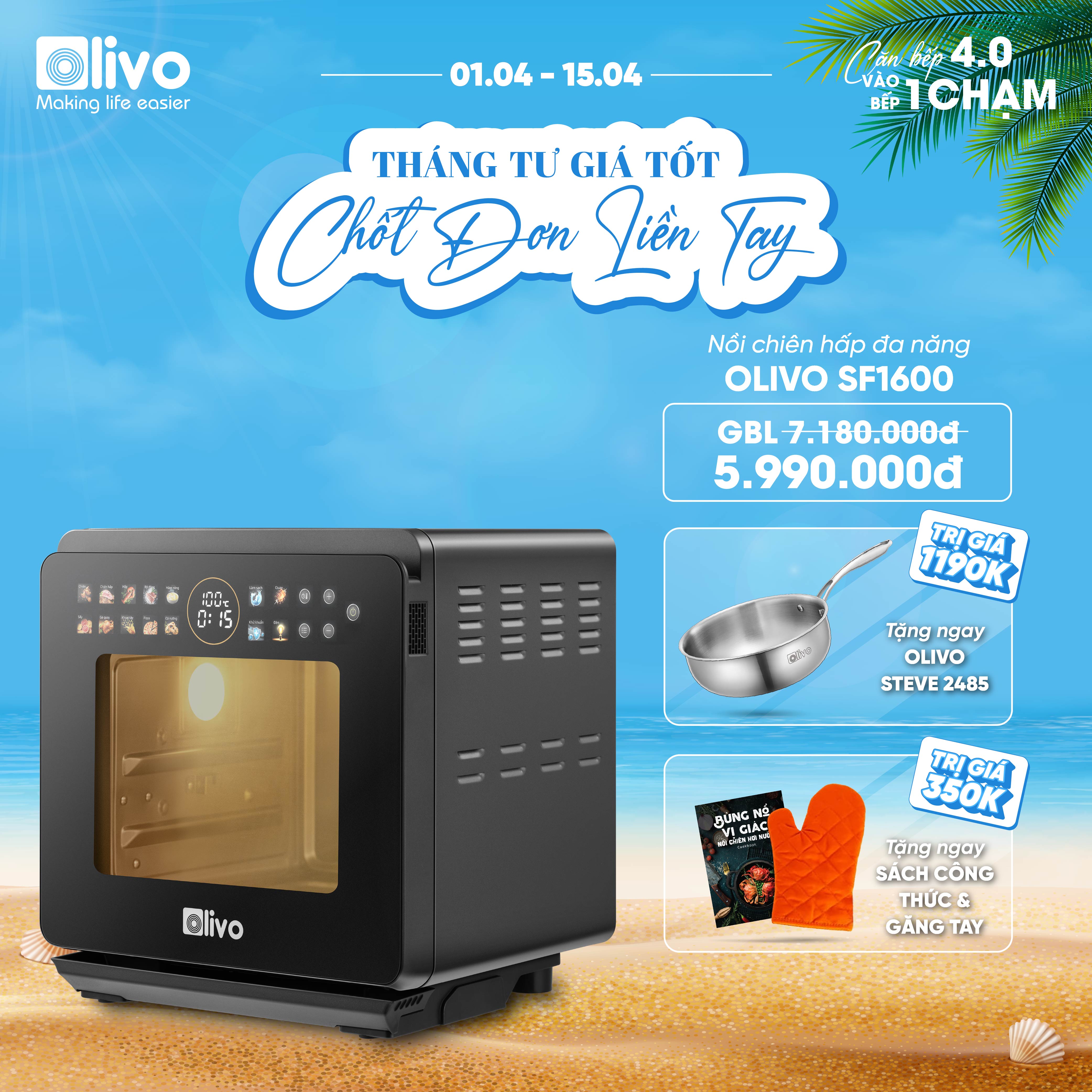 Nồi Chiên Hấp Đa Năng OLIVO SF1600 - Phiên bản Đặc Biệt cao cấp nhất, Màn hình OLED hiện đại, 70 chế độ cài sẵn, Dung tích 16L, Vệ sinh dễ dàng