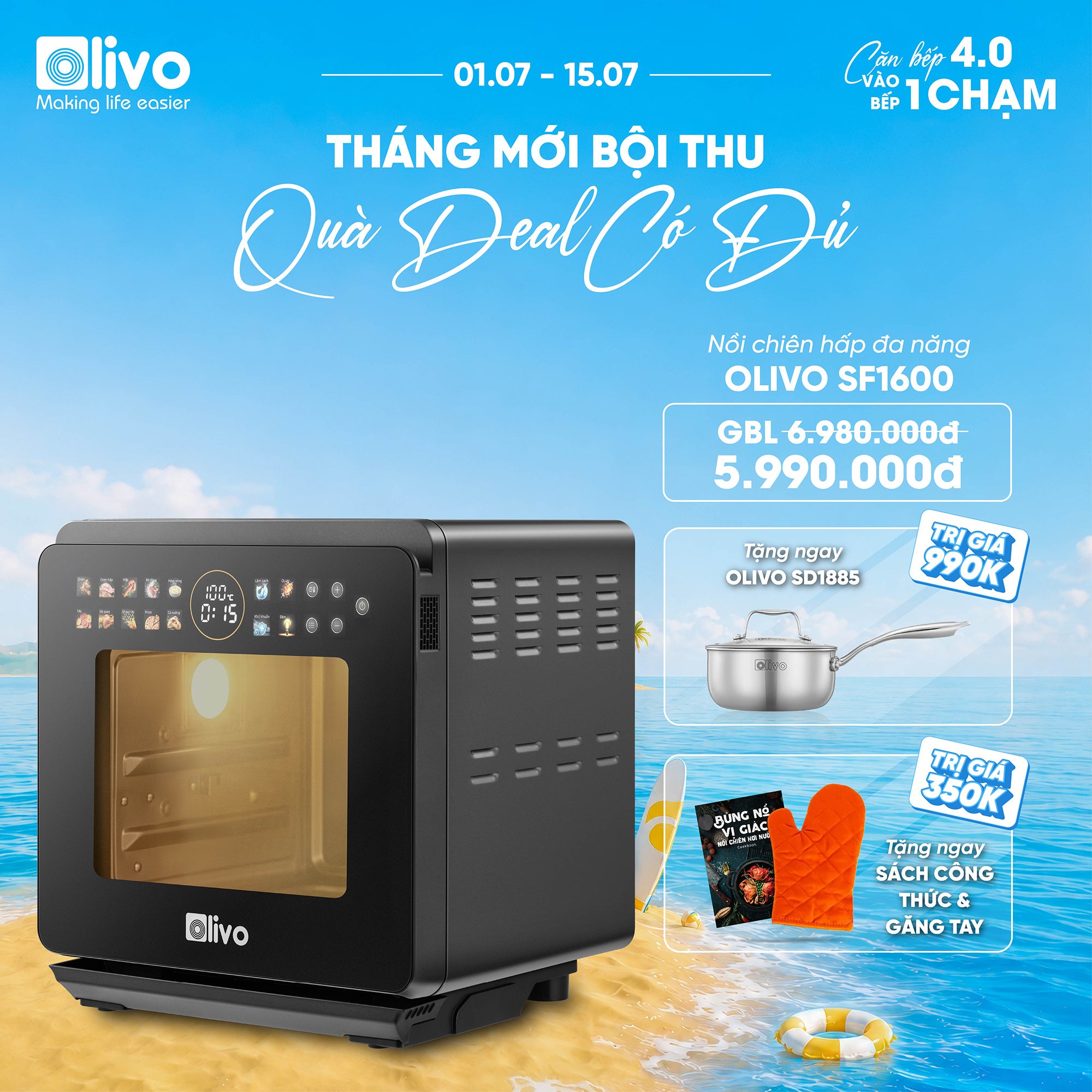 Nồi Chiên Hấp Đa Năng OLIVO SF1600 - Phiên bản Đặc Biệt cao cấp nhất, Màn hình OLED hiện đại, 70 chế độ cài sẵn, Dung tích 16L, Vệ sinh dễ dàng