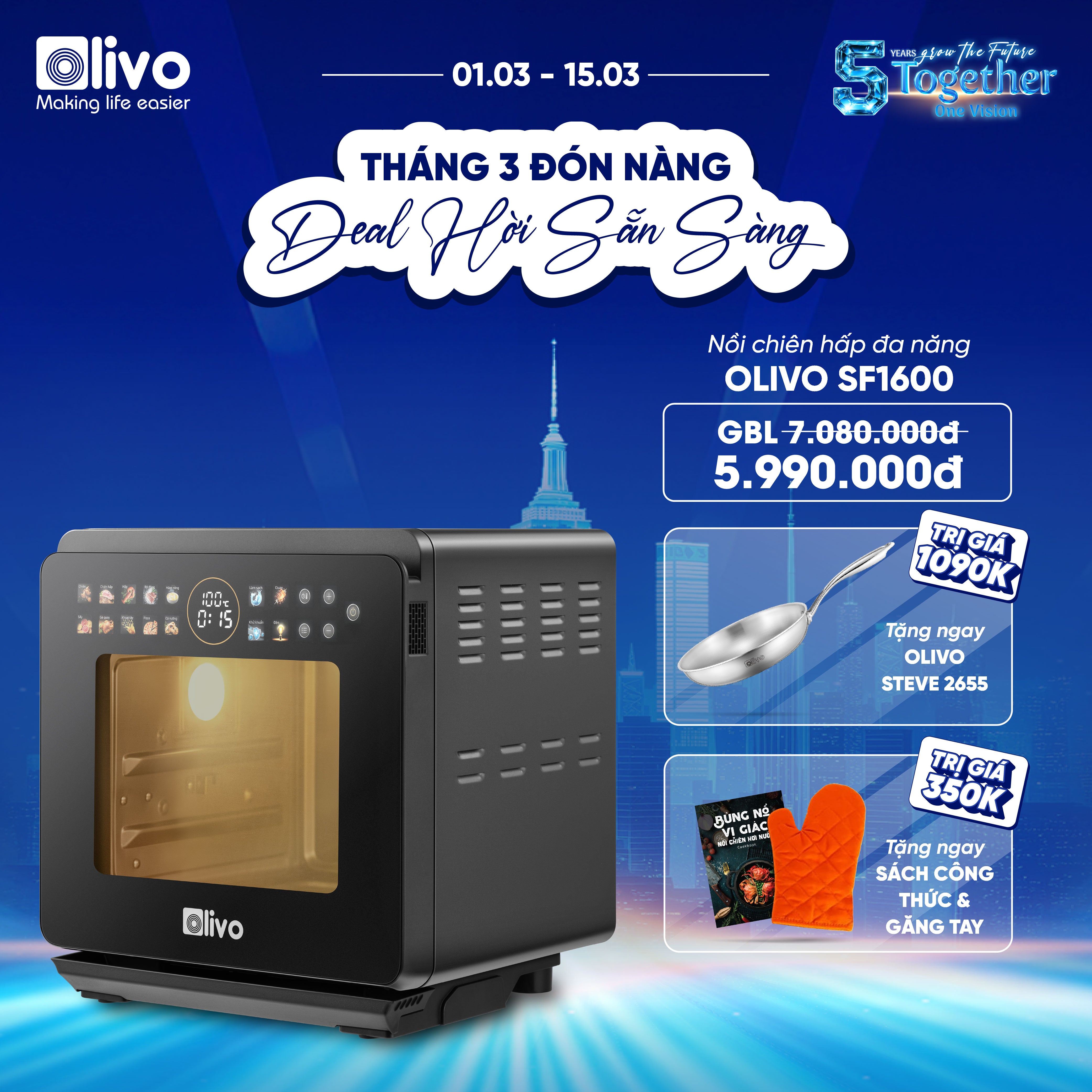 Nồi Chiên Hấp Đa Năng OLIVO SF1600 - Phiên bản Đặc Biệt cao cấp nhất, Màn hình OLED hiện đại, 70 chế độ cài sẵn, Dung tích 16L, Vệ sinh dễ dàng