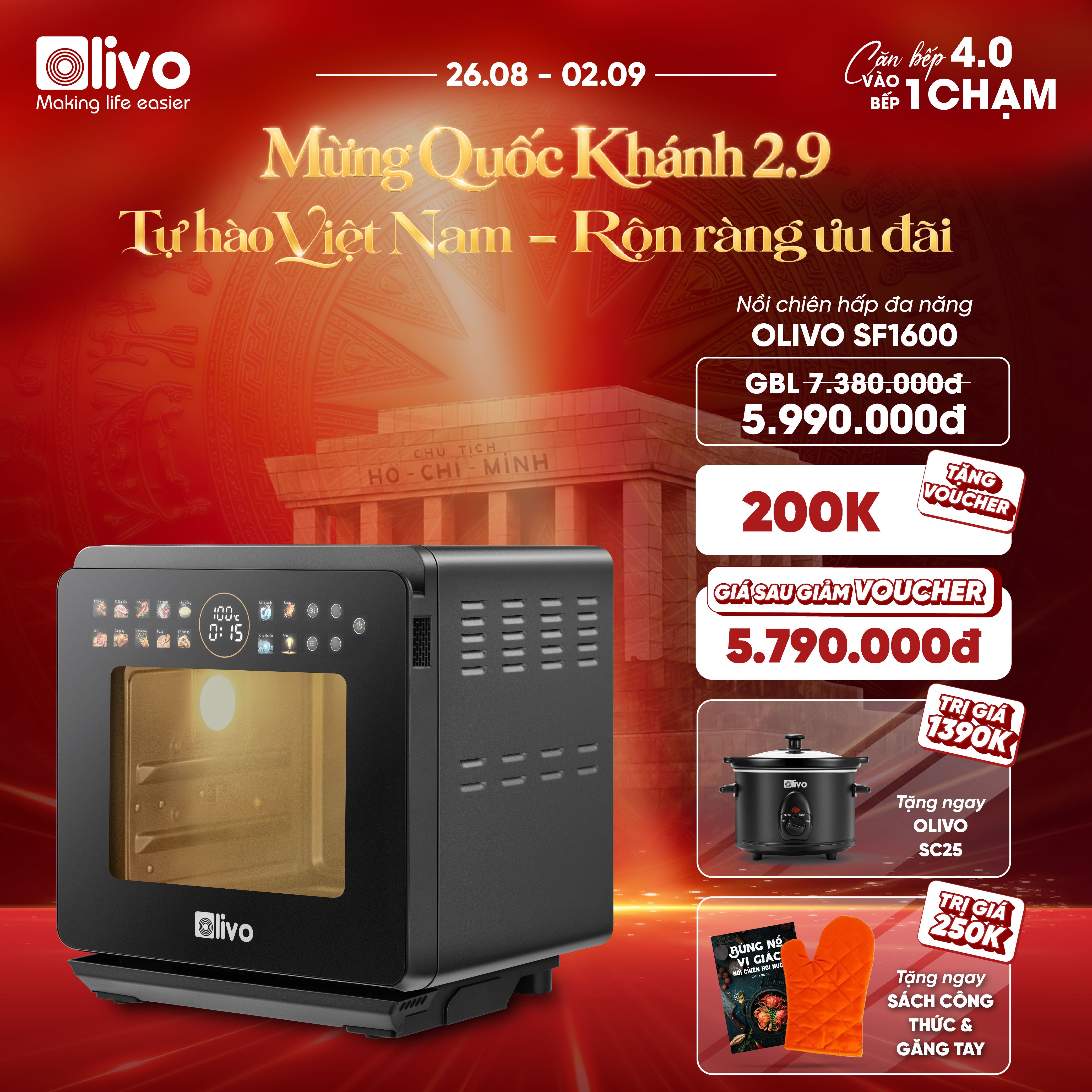Nồi Chiên Hấp Đa Năng OLIVO SF1600 - Phiên bản Đặc Biệt cao cấp, Màn hình OLED hiện đại, 70 chế độ cài sẵn, Dung tích 16L, Vệ sinh dễ dàng