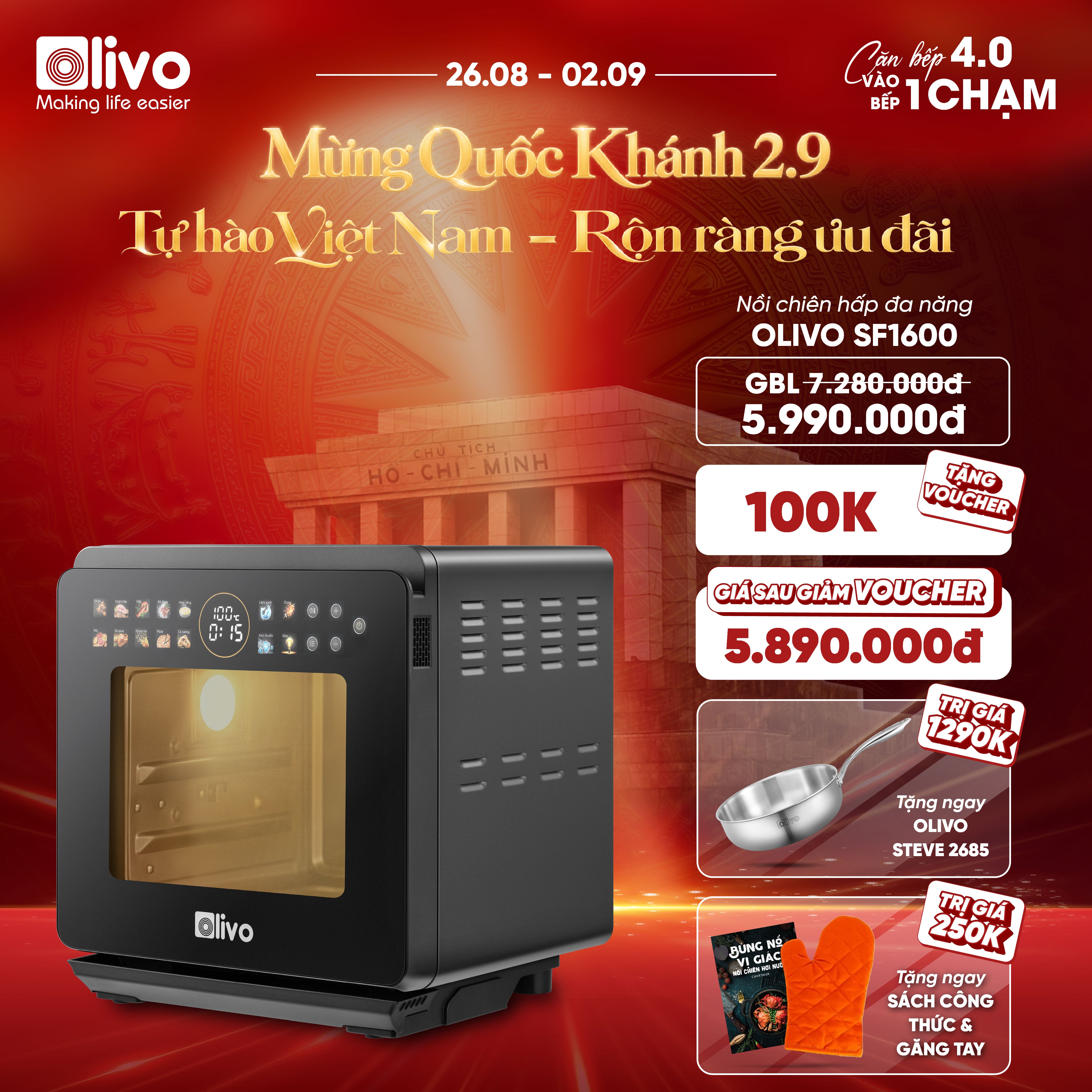 Nồi Chiên Hấp Đa Năng OLIVO SF1600 - Phiên bản Đặc Biệt cao cấp, Màn hình OLED hiện đại, 70 chế độ cài sẵn, Dung tích 16L, Vệ sinh dễ dàng
