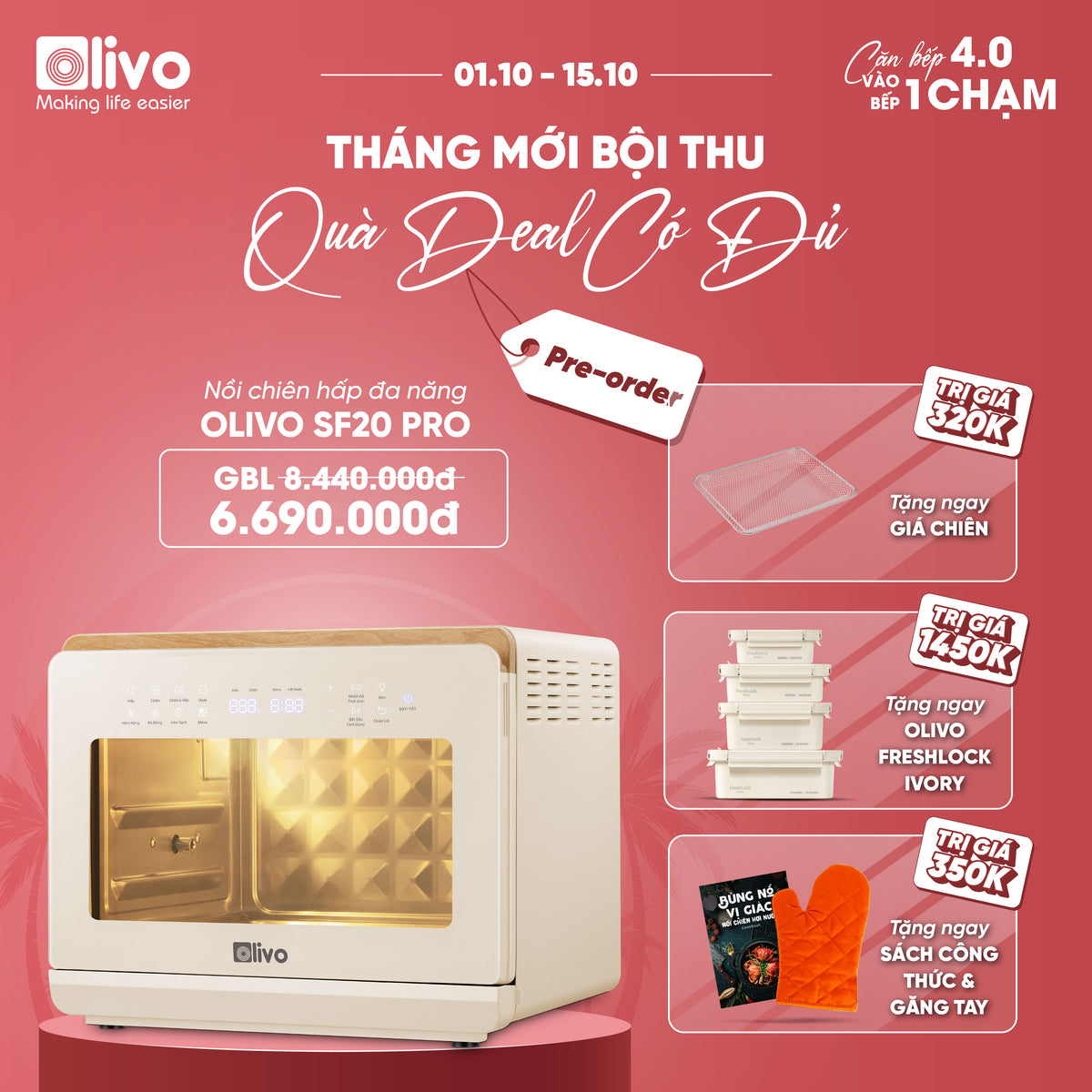 Nồi Chiên Hấp Đa Năng OLIVO SF20 PRO - Dung tích vượt trội 20L, Ứng dụng công nghệ hiện đại - Hấp Nano Steam/Chiên Eco Fry, 70 Chế Độ Cài Sẵn,Vệ Sinh Dễ Dàng