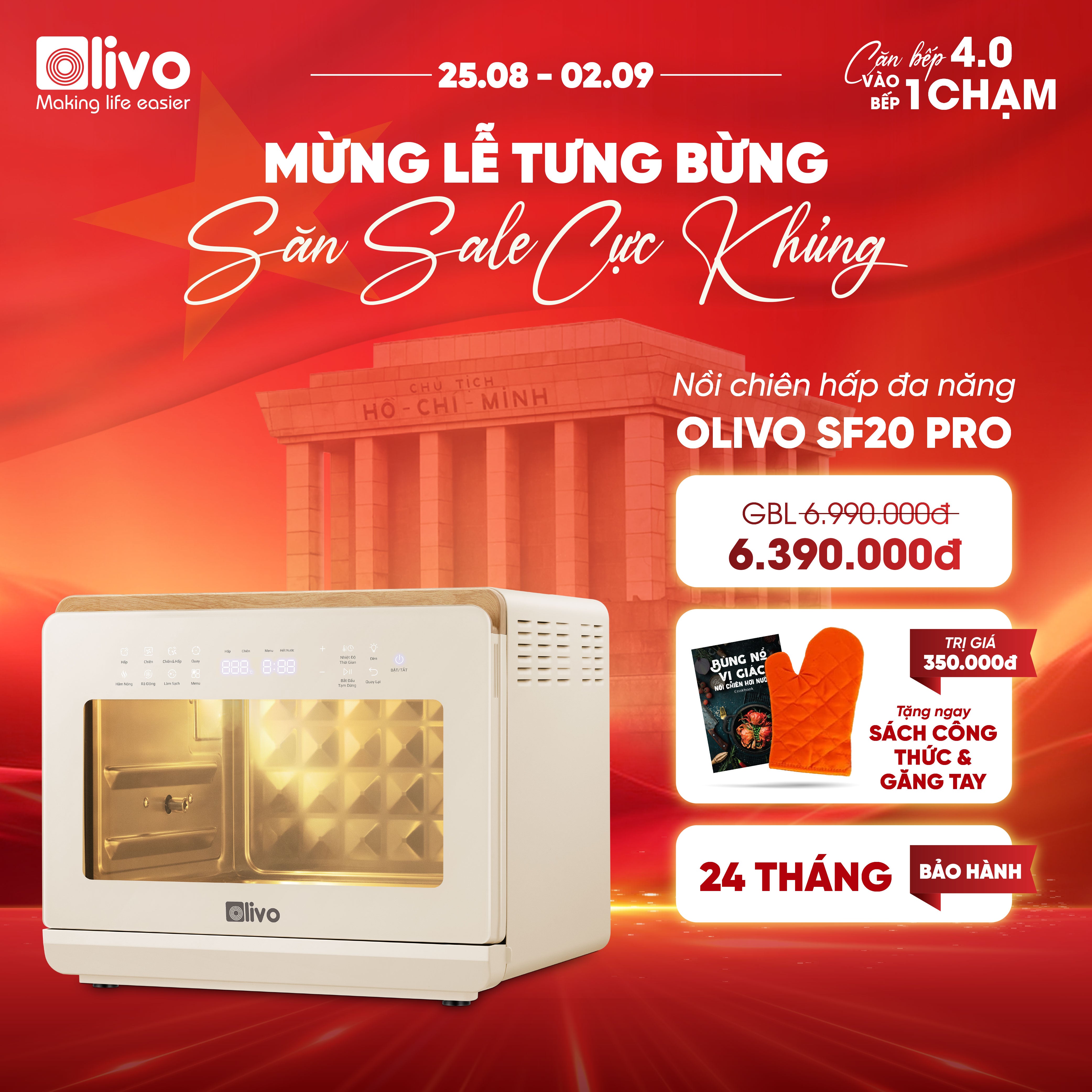 Nồi Chiên Hấp Đa Năng OLIVO SF20 PRO - Dung tích vượt trội 20L, Ứng dụng công nghệ hiện đại bậc nhất - Hấp Nano Steam/Chiên Eco Fry, 70 Chế Độ Cài Sẵn,Vệ Sinh Dễ Dàng