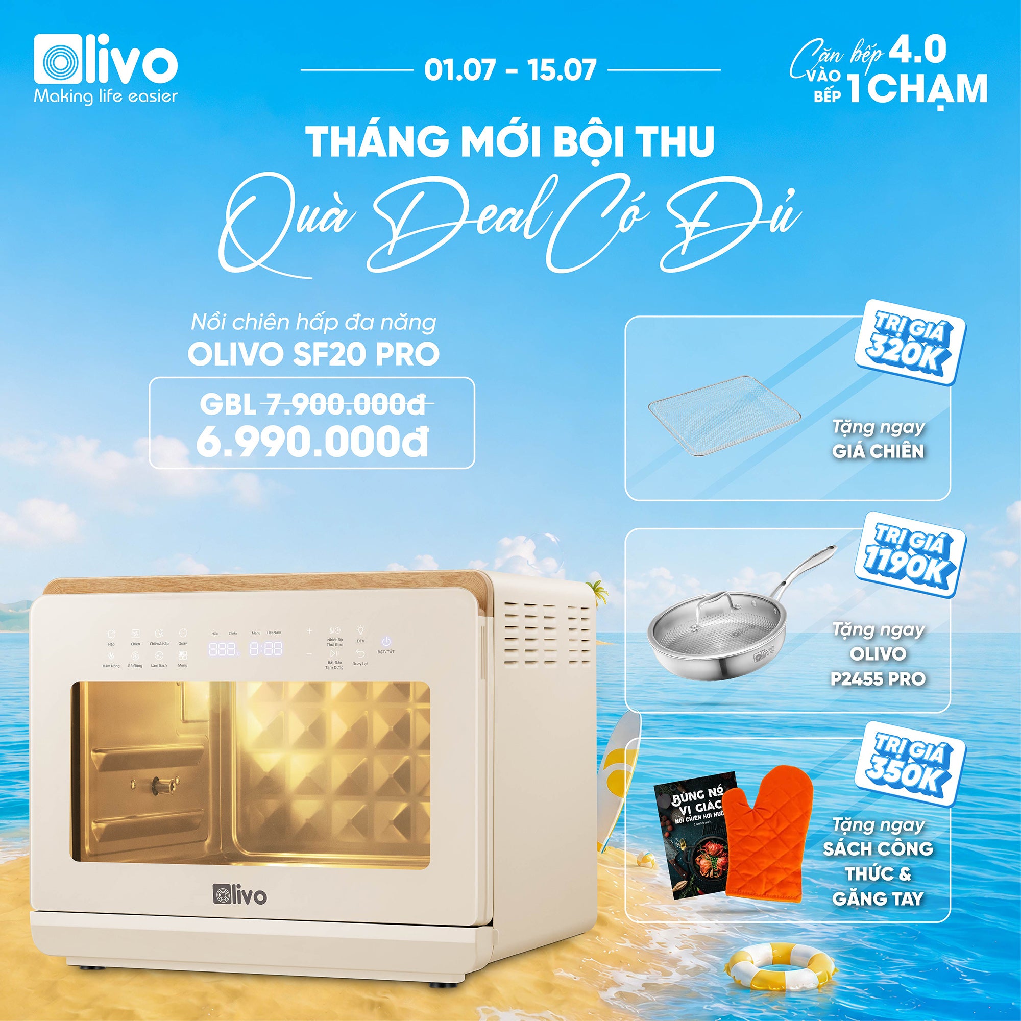 Nồi Chiên Hấp Đa Năng OLIVO SF20 PRO - Dung tích vượt trội 20L, Ứng dụng công nghệ hiện đại bậc nhất - Hấp Nano Steam/Chiên Eco Fry, 70 Chế Độ Cài Sẵn,Vệ Sinh Dễ Dàng
