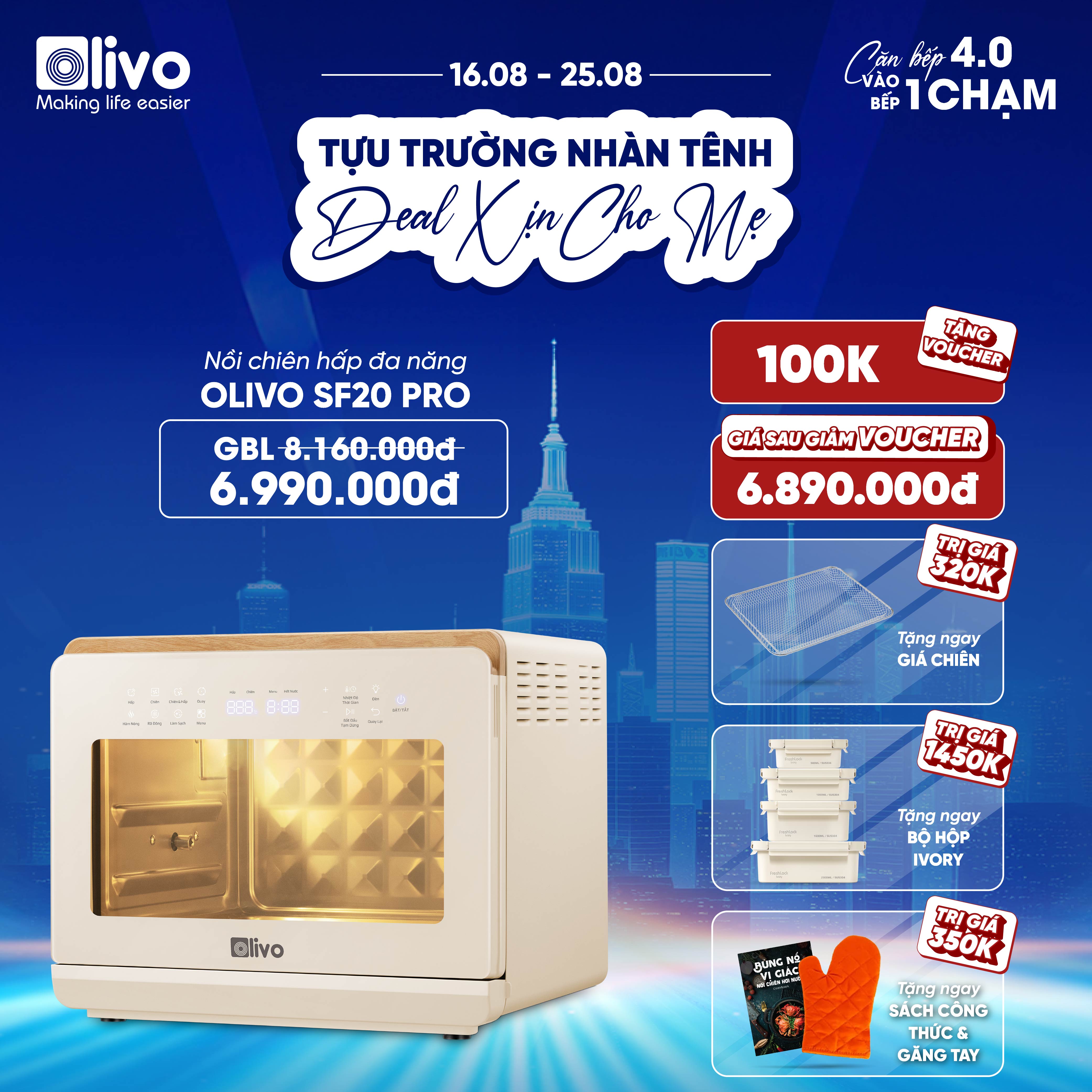 Nồi Chiên Hấp Đa Năng OLIVO SF20 PRO - Dung tích vượt trội 20L, Ứng dụng công nghệ hiện đại - Hấp Nano Steam/Chiên Eco Fry, 70 Chế Độ Cài Sẵn,Vệ Sinh Dễ Dàng