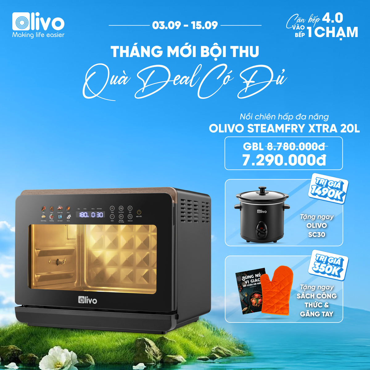 Nồi Chiên Hấp Đa Năng OLIVO SteamFry Xtra – Phiên Bản Cao Cấp, Bảng Điều Khiển OLED, Dung tích vượt trội 20L, Hấp Nano Steam/Chiên Eco Fry thế hệ thứ 2, 70 Chế Độ Cài Sẵn, Vệ Sinh Dễ Dàng