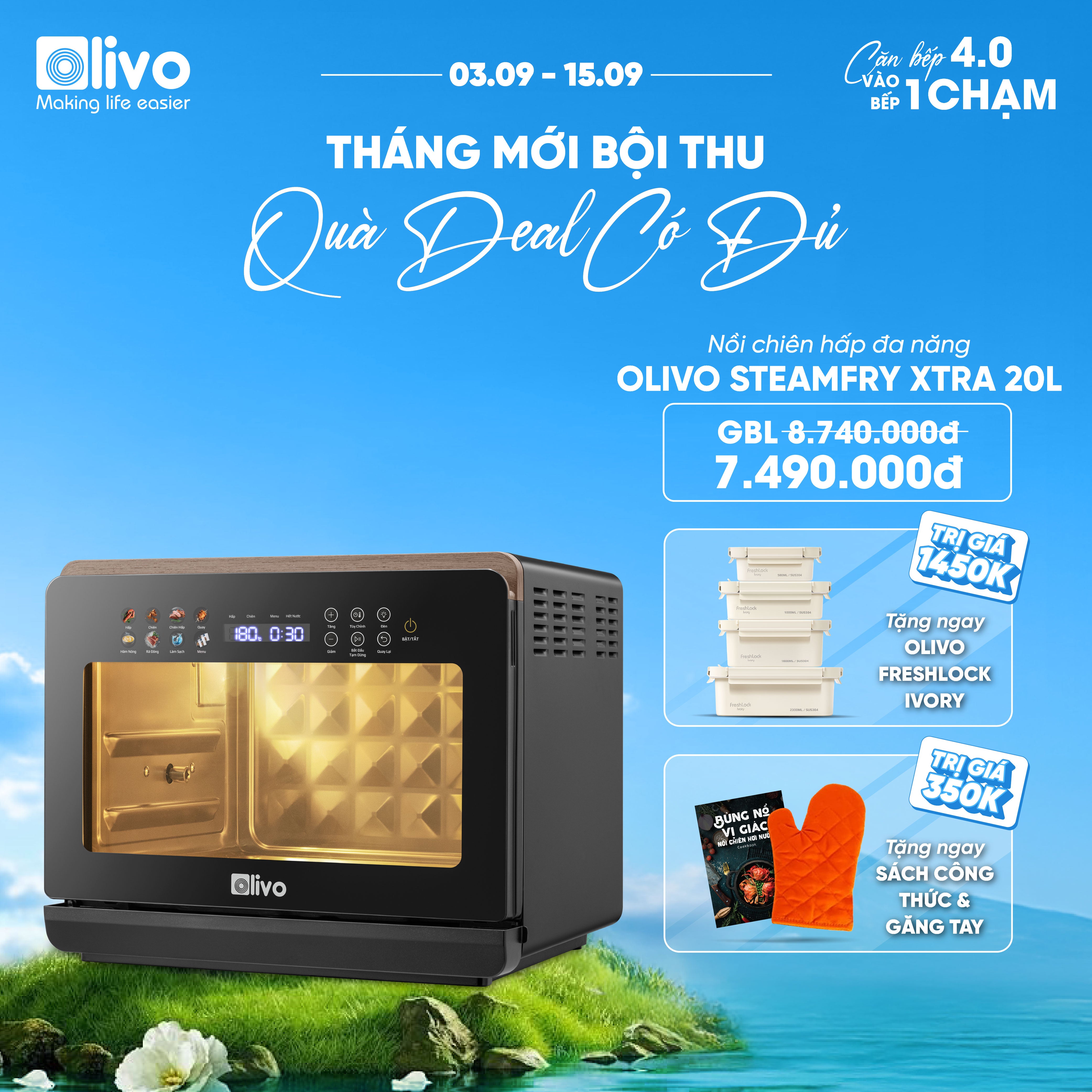 Nồi Chiên Hấp Đa Năng OLIVO SteamFry Xtra – Phiên Bản Cao Cấp, Bảng Điều Khiển OLED, Dung tích vượt trội 20L, Hấp Nano Steam/Chiên Eco Fry thế hệ thứ 2, 70 Chế Độ Cài Sẵn, Vệ Sinh Dễ Dàng