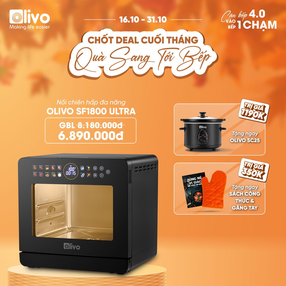 Nồi Chiên Hấp Đa Năng OLIVO SF1800 ULTRA - Dung Tích 18L - Công Nghệ Hấp GreenSteam/Chiên Eco Fry, 100 Chế Độ Cài Sẵn, Đột Phá Chiên Hấp Đa Giai Đoạn, Màu Titanium, Bảng Điều Khiển OLED Cao Cấp