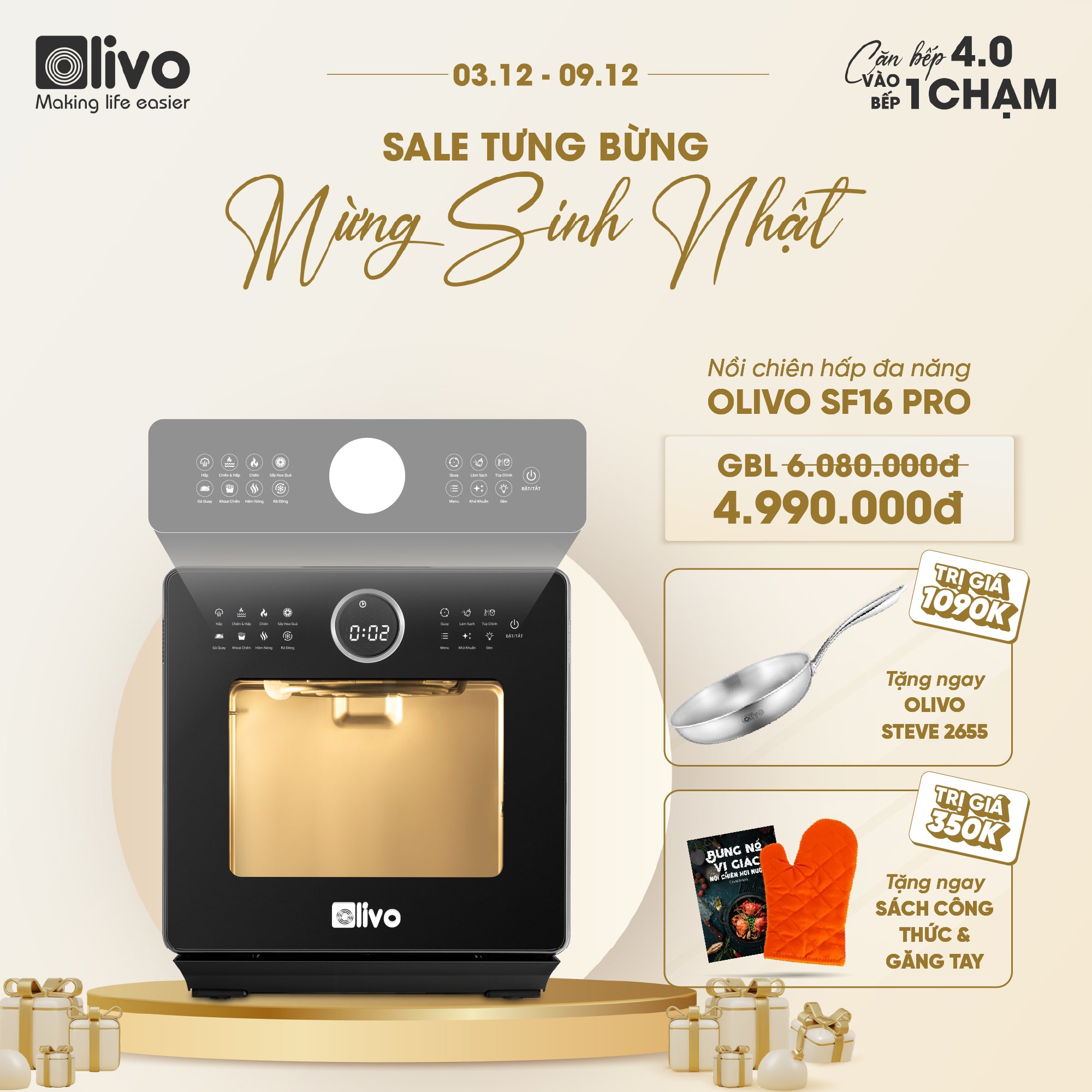 Nồi Chiên Hấp Đa Năng OLIVO SF16 PRO 2025 - 70 Chế Độ Cài Sẵn, Toàn Bộ Khoang Nồi Và Phụ Kiện Bằng Inox 304 Cao Cấp, Dung Tích 16L, Vệ Sinh Dễ Dàng