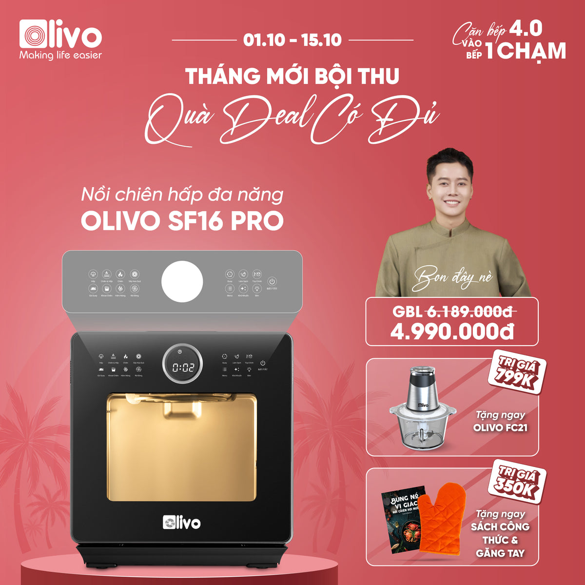 Nồi Chiên Hấp Đa Năng OLIVO SF16 PRO 2026 - 70 Chế Độ Cài Sẵn, Toàn Bộ Khoang Nồi Và Phụ Kiện Bằng Inox 304 Cao Cấp, Dung Tích 16L, Vệ Sinh Dễ Dàng