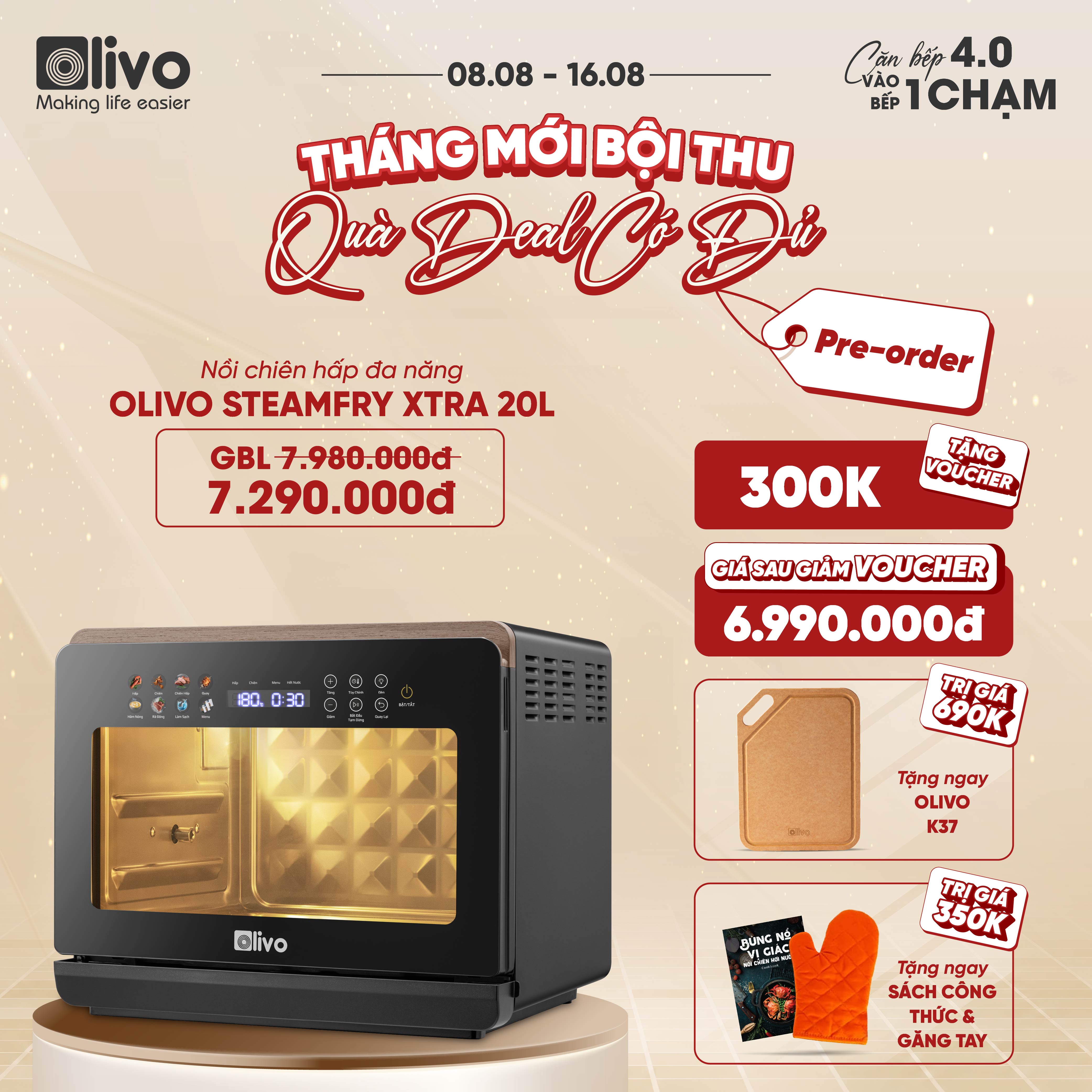 Nồi Chiên Hấp Đa Năng OLIVO SteamFry Xtra – Phiên Bản Cao Cấp, Bảng Điều Khiển OLED, Dung tích vượt trội 20L, Hấp Nano Steam/Chiên Eco Fry thế hệ thứ 2, 70 Chế Độ Cài Sẵn, Vệ Sinh Dễ Dàng