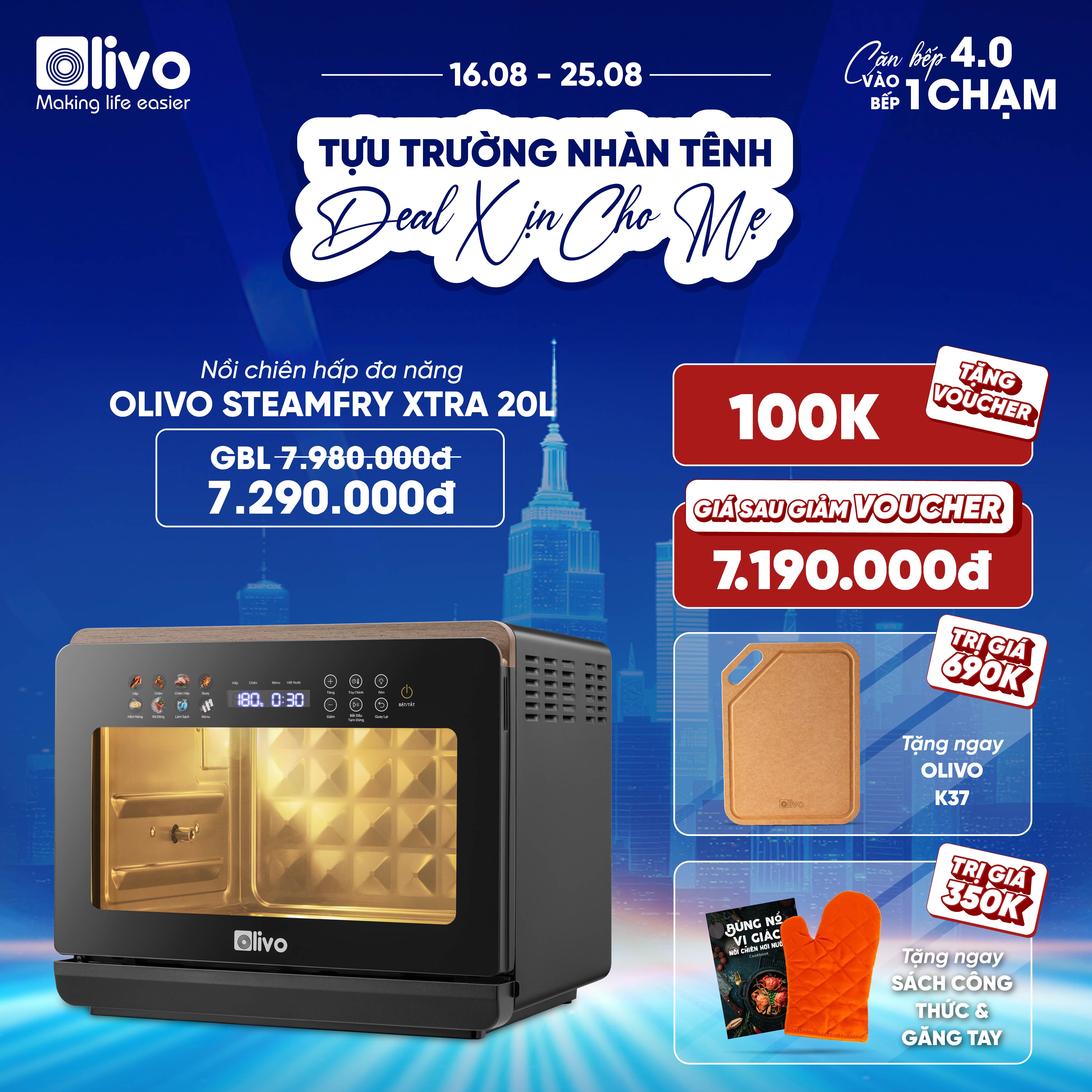Nồi Chiên Hấp Đa Năng OLIVO SteamFry Xtra – Phiên Bản Cao Cấp, Bảng Điều Khiển OLED, Dung tích vượt trội 20L, Hấp Nano Steam/Chiên Eco Fry thế hệ thứ 2, 70 Chế Độ Cài Sẵn, Vệ Sinh Dễ Dàng