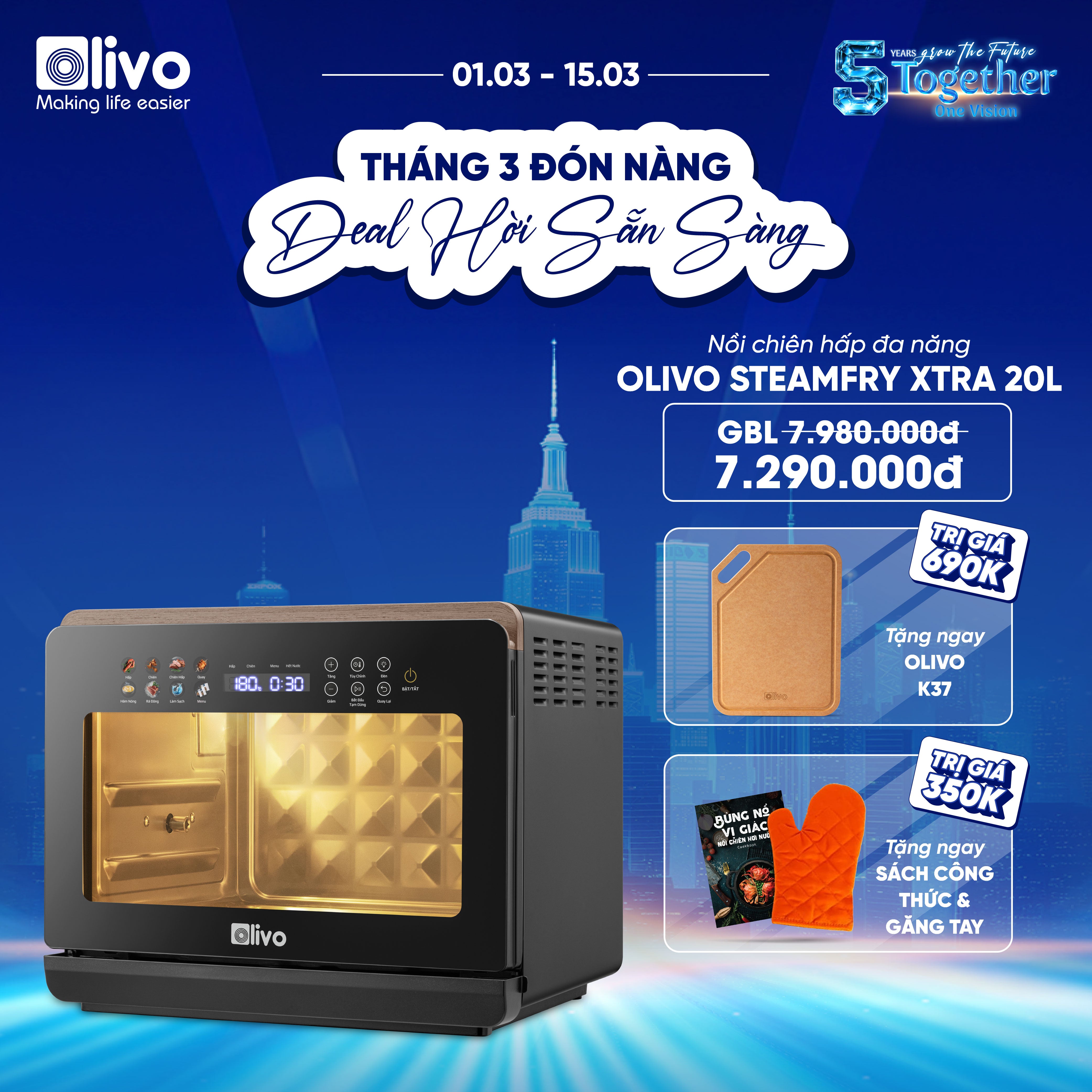 Nồi Chiên Hấp Đa Năng OLIVO SteamFry Xtra – Phiên Bản Cao Cấp, Bảng Điều Khiển OLED, Dung tích vượt trội 20L, Hấp Nano Steam/Chiên Eco Fry thế hệ thứ 2, 70 Chế Độ Cài Sẵn, Vệ Sinh Dễ Dàng