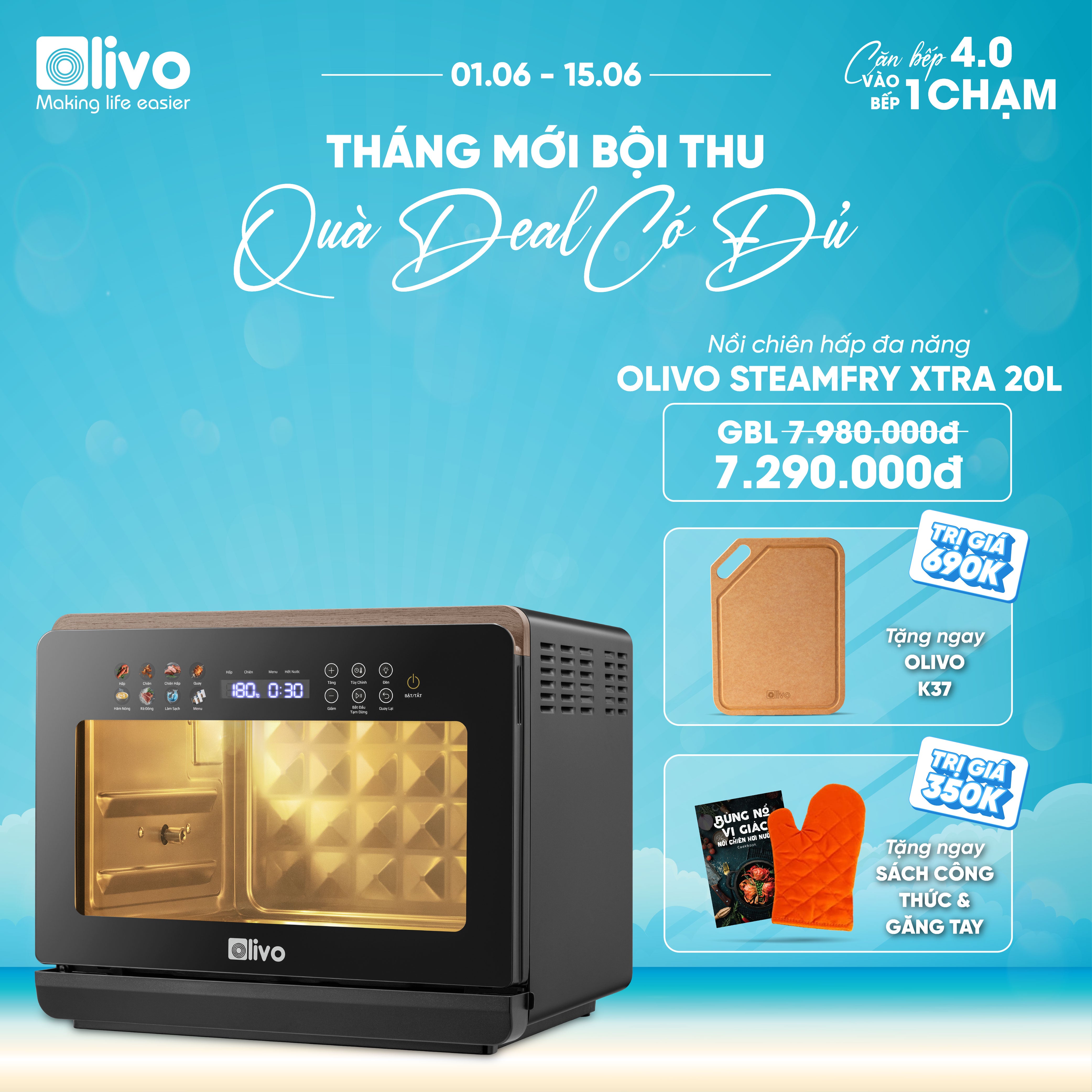 Nồi Chiên Hấp Đa Năng OLIVO SteamFry Xtra – Phiên Bản Cao Cấp, Bảng Điều Khiển OLED, Dung tích vượt trội 20L, Hấp Nano Steam/Chiên Eco Fry thế hệ thứ 2, 70 Chế Độ Cài Sẵn, Vệ Sinh Dễ Dàng