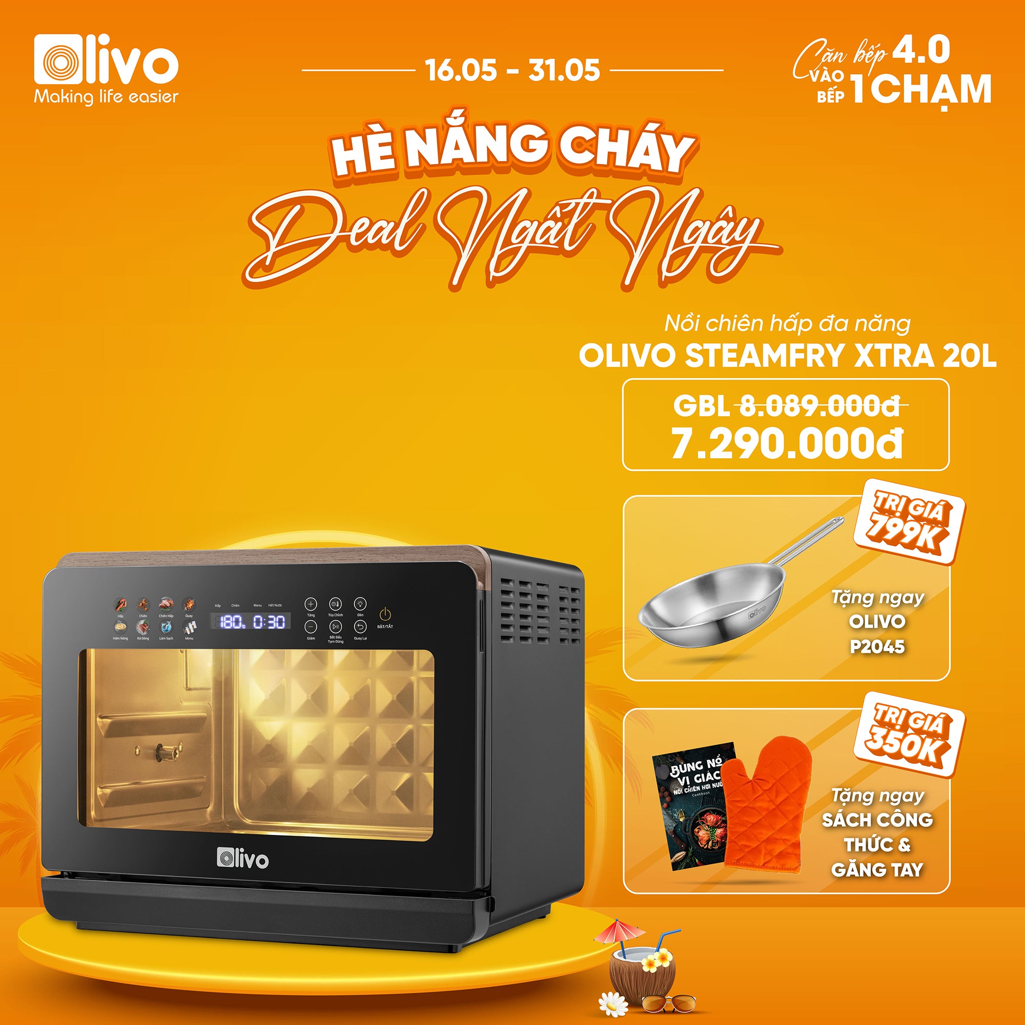 Nồi Chiên Hấp Đa Năng OLIVO SteamFry Xtra – Phiên Bản Cao Cấp, Bảng Điều Khiển OLED, Dung tích vượt trội 20L, Hấp Nano Steam/Chiên Eco Fry thế hệ thứ 2, 70 Chế Độ Cài Sẵn, Vệ Sinh Dễ Dàng