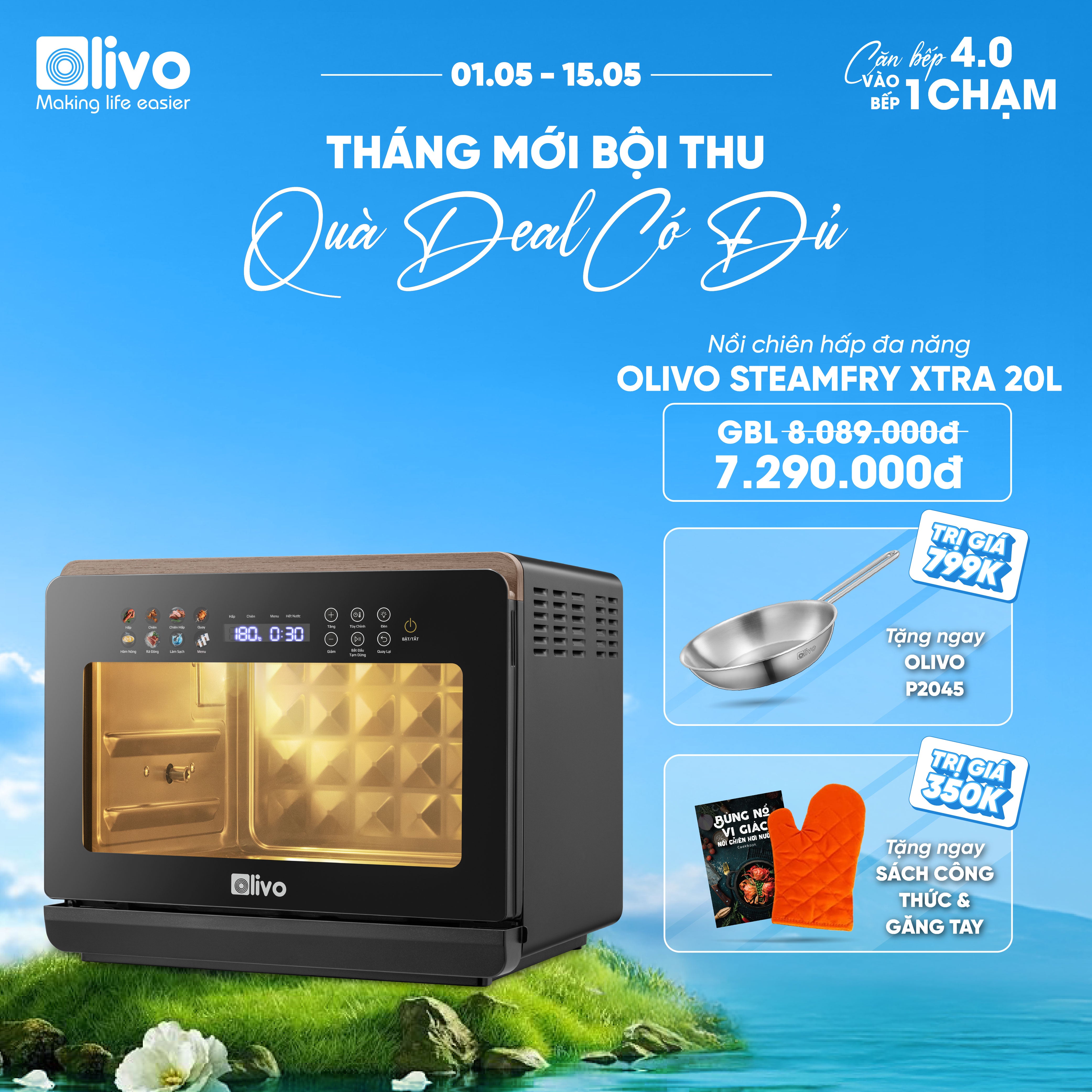 Nồi Chiên Hấp Đa Năng OLIVO SteamFry Xtra – Phiên Bản Cao Cấp, Bảng Điều Khiển OLED, Dung tích vượt trội 20L, Hấp Nano Steam/Chiên Eco Fry thế hệ thứ 2, 70 Chế Độ Cài Sẵn, Vệ Sinh Dễ Dàng