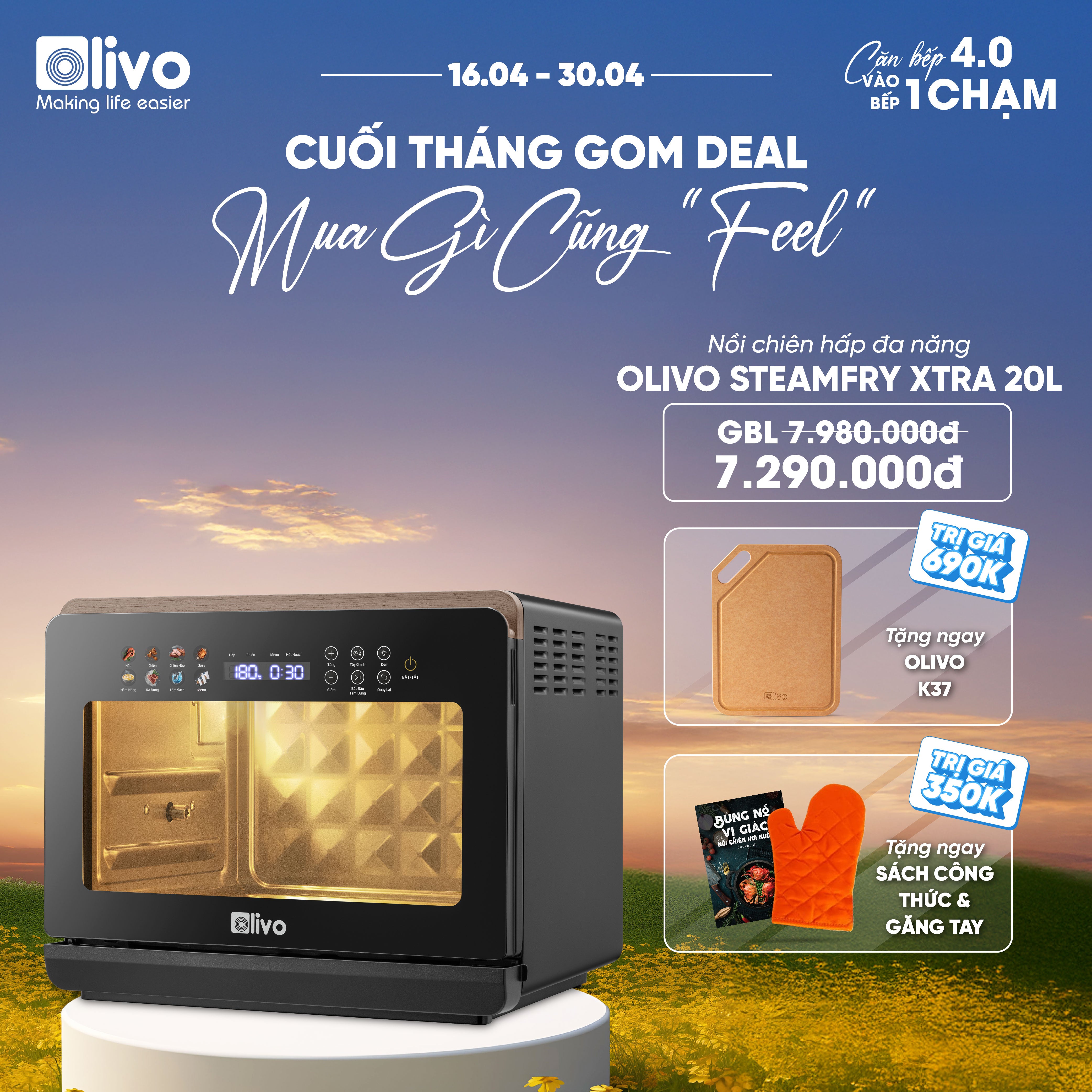 Nồi Chiên Hấp Đa Năng OLIVO SteamFry Xtra – Phiên Bản Cao Cấp, Bảng Điều Khiển OLED, Dung tích vượt trội 20L, Hấp Nano Steam/Chiên Eco Fry thế hệ thứ 2, 70 Chế Độ Cài Sẵn, Vệ Sinh Dễ Dàng
