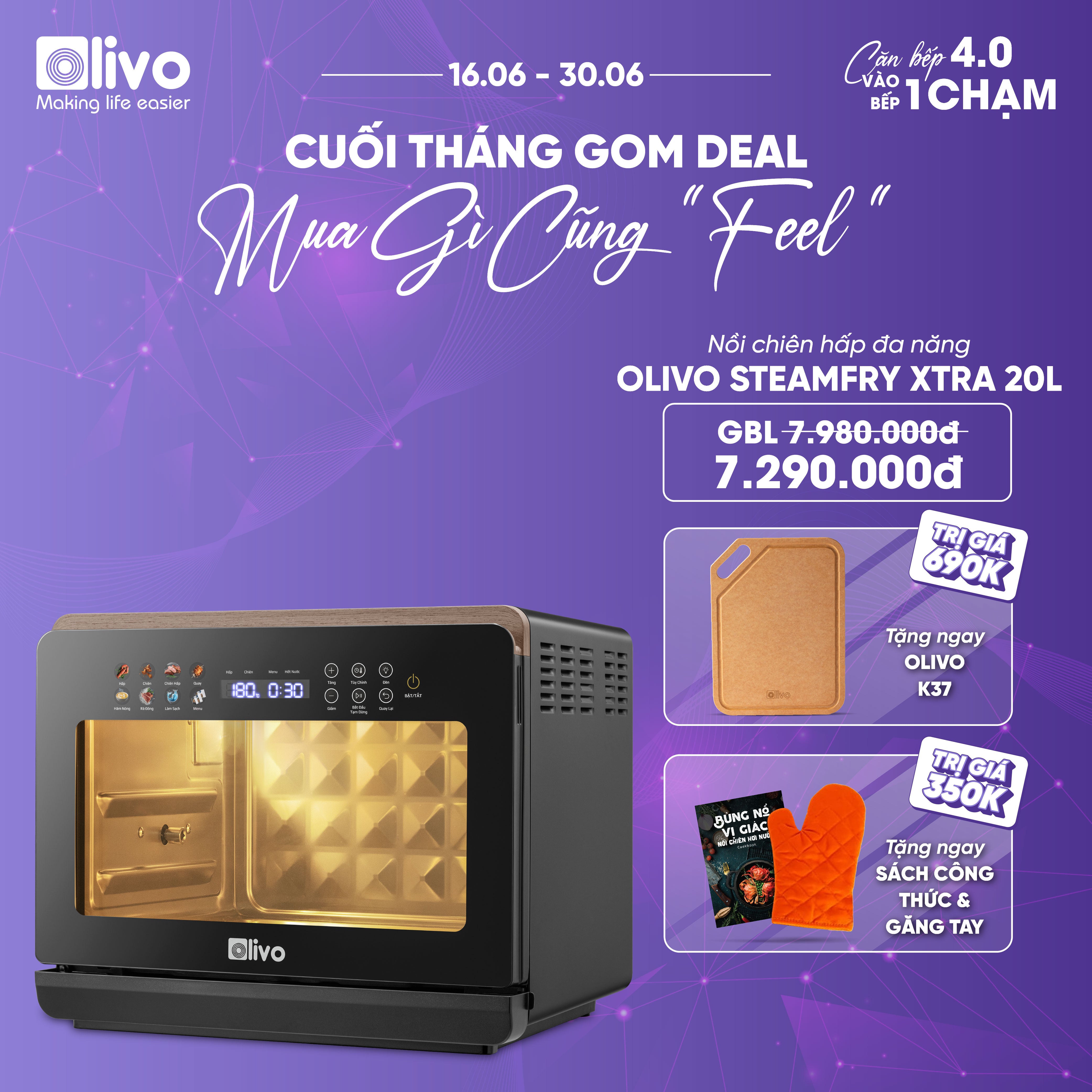 Nồi Chiên Hấp Đa Năng OLIVO SteamFry Xtra – Phiên Bản Cao Cấp, Bảng Điều Khiển OLED, Dung tích vượt trội 20L, Hấp Nano Steam/Chiên Eco Fry thế hệ thứ 2, 70 Chế Độ Cài Sẵn, Vệ Sinh Dễ Dàng