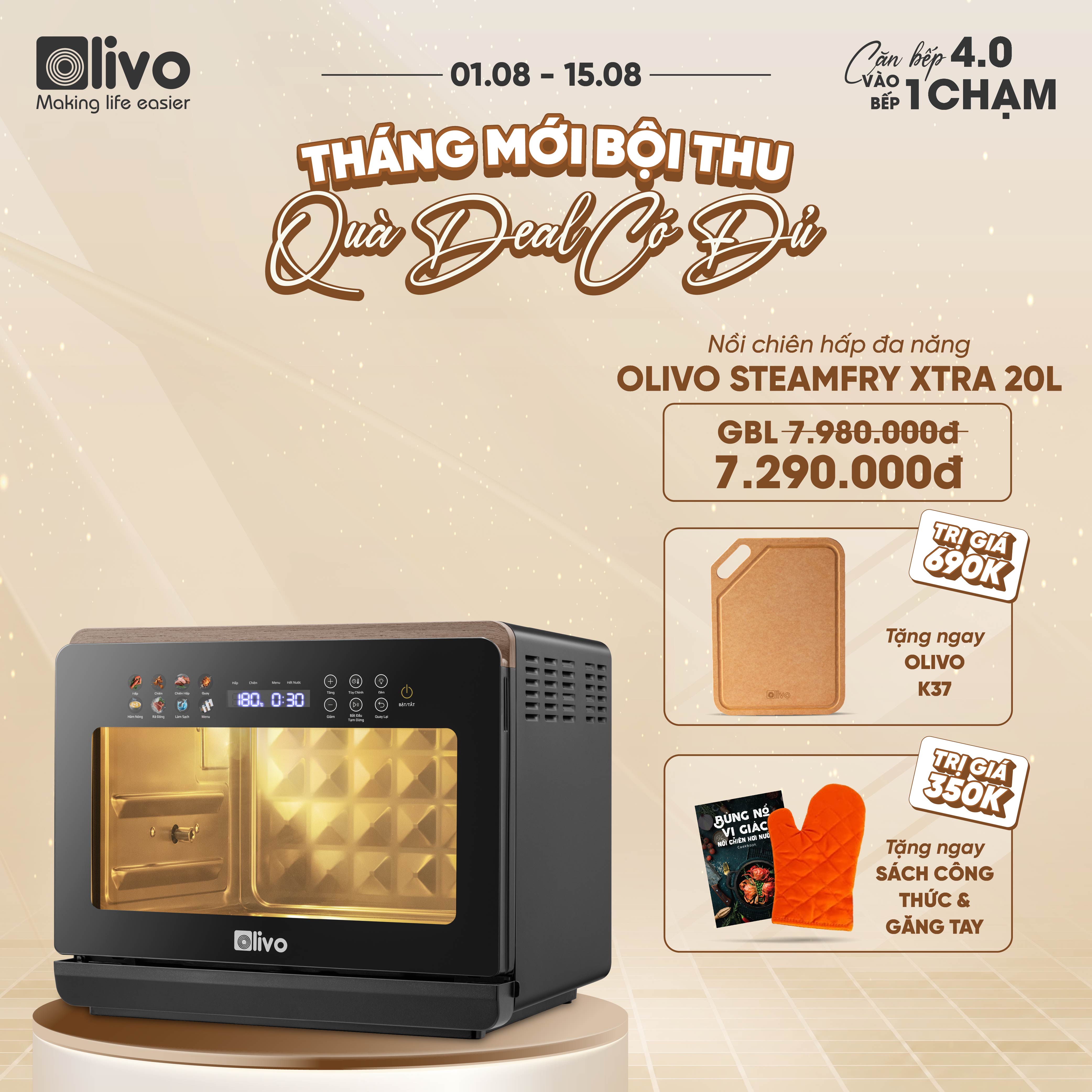 Nồi Chiên Hấp Đa Năng OLIVO SteamFry Xtra – Phiên Bản Cao Cấp, Bảng Điều Khiển OLED, Dung tích vượt trội 20L, Hấp Nano Steam/Chiên Eco Fry thế hệ thứ 2, 70 Chế Độ Cài Sẵn, Vệ Sinh Dễ Dàng