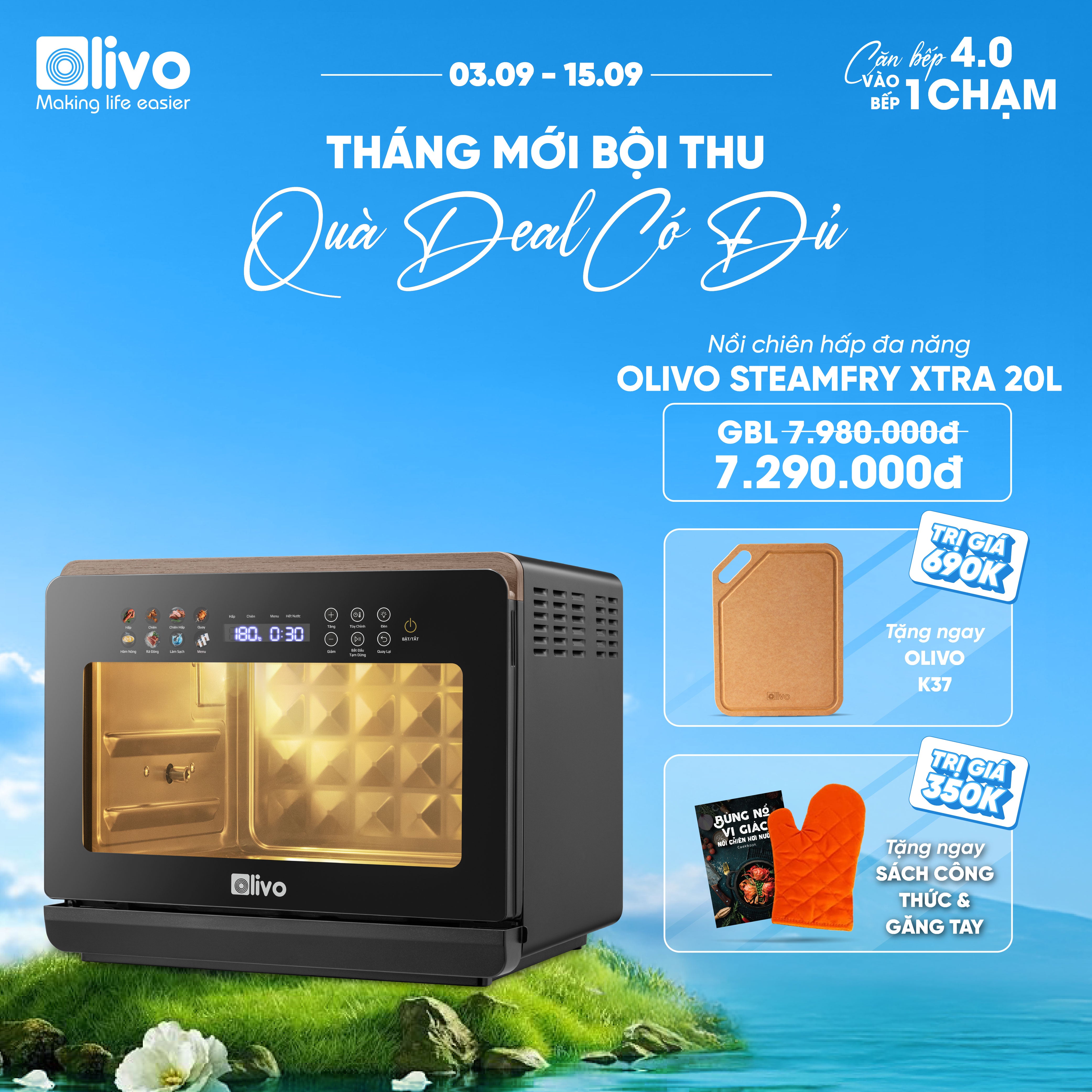Nồi Chiên Hấp Đa Năng OLIVO SteamFry Xtra – Phiên Bản Cao Cấp, Bảng Điều Khiển OLED, Dung tích vượt trội 20L, Hấp Nano Steam/Chiên Eco Fry thế hệ thứ 2, 70 Chế Độ Cài Sẵn, Vệ Sinh Dễ Dàng