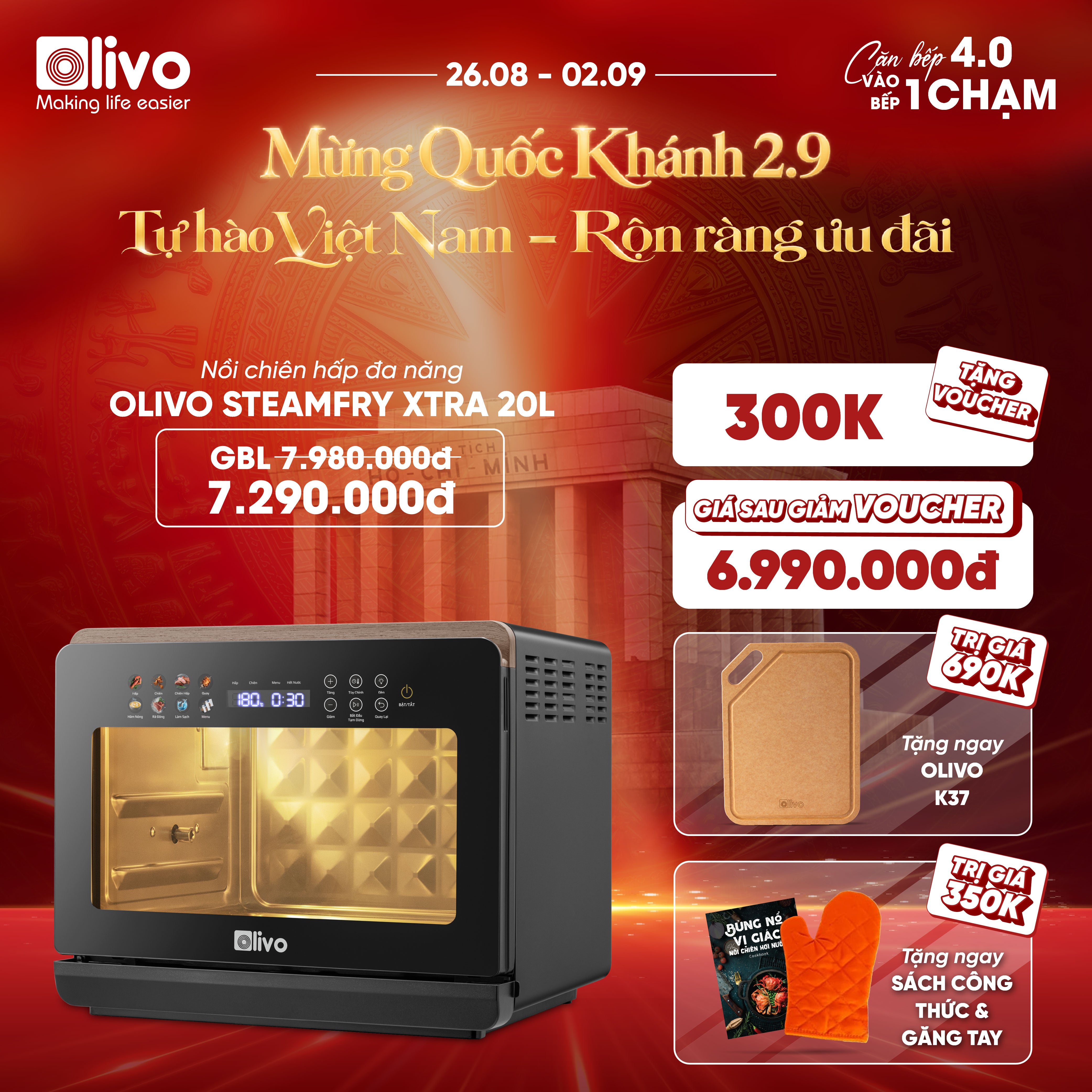Nồi Chiên Hấp Đa Năng OLIVO SteamFry Xtra – Phiên Bản Cao Cấp, Bảng Điều Khiển OLED, Dung tích vượt trội 20L, Hấp Nano Steam/Chiên Eco Fry thế hệ thứ 2, 70 Chế Độ Cài Sẵn, Vệ Sinh Dễ Dàng