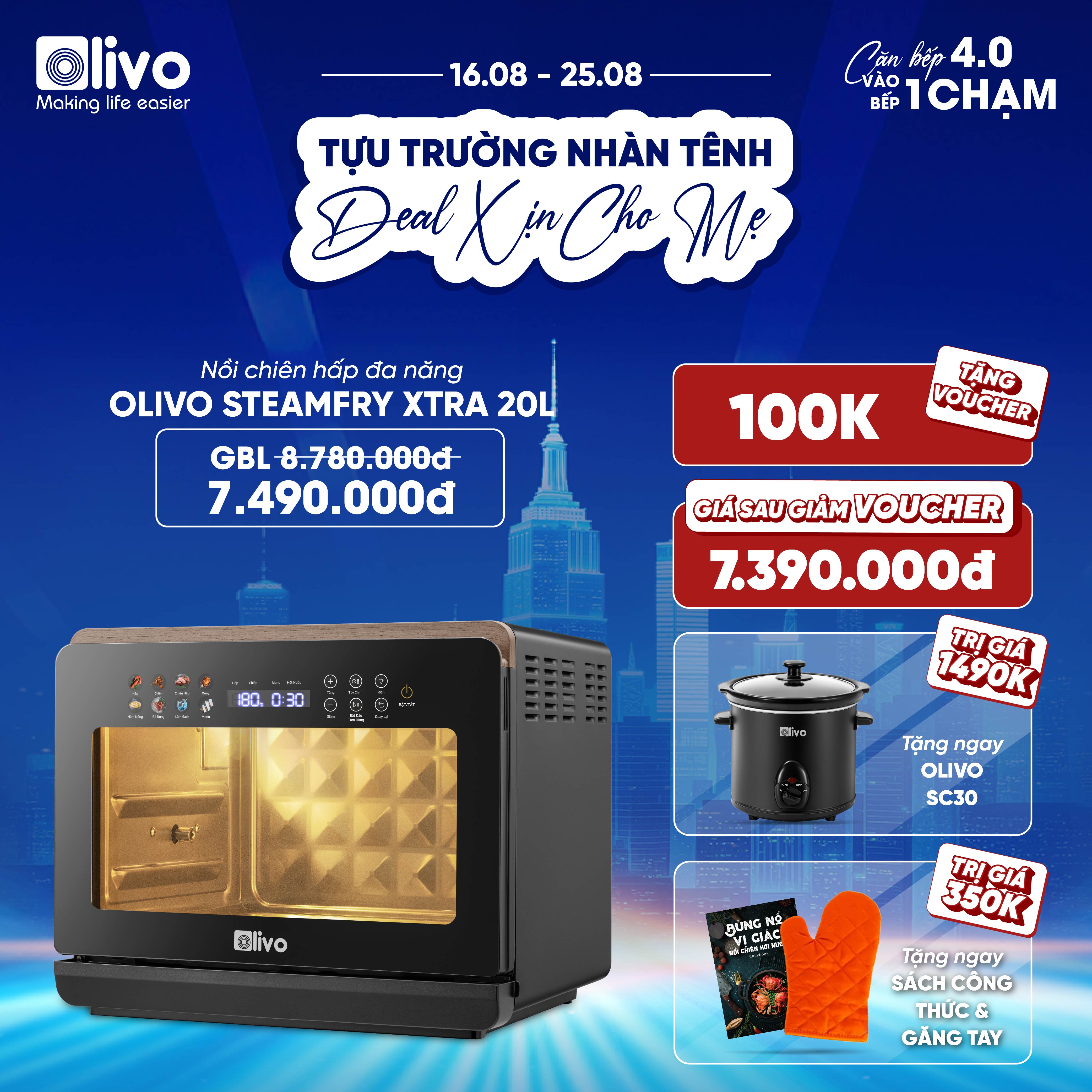 Nồi Chiên Hấp Đa Năng OLIVO SteamFry Xtra – Phiên Bản Cao Cấp, Bảng Điều Khiển OLED, Dung tích vượt trội 20L, Hấp Nano Steam/Chiên Eco Fry thế hệ thứ 2, 70 Chế Độ Cài Sẵn, Vệ Sinh Dễ Dàng