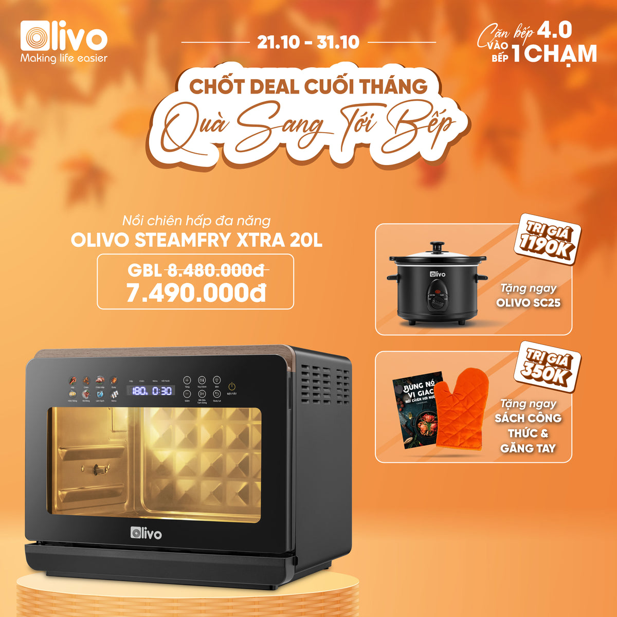 Nồi Chiên Hấp Đa Năng OLIVO SteamFry Xtra – Phiên Bản Cao Cấp, Bảng Điều Khiển OLED, Dung tích vượt trội 20L, Hấp Nano Steam/Chiên Eco Fry thế hệ thứ 2, 70 Chế Độ Cài Sẵn, Vệ Sinh Dễ Dàng