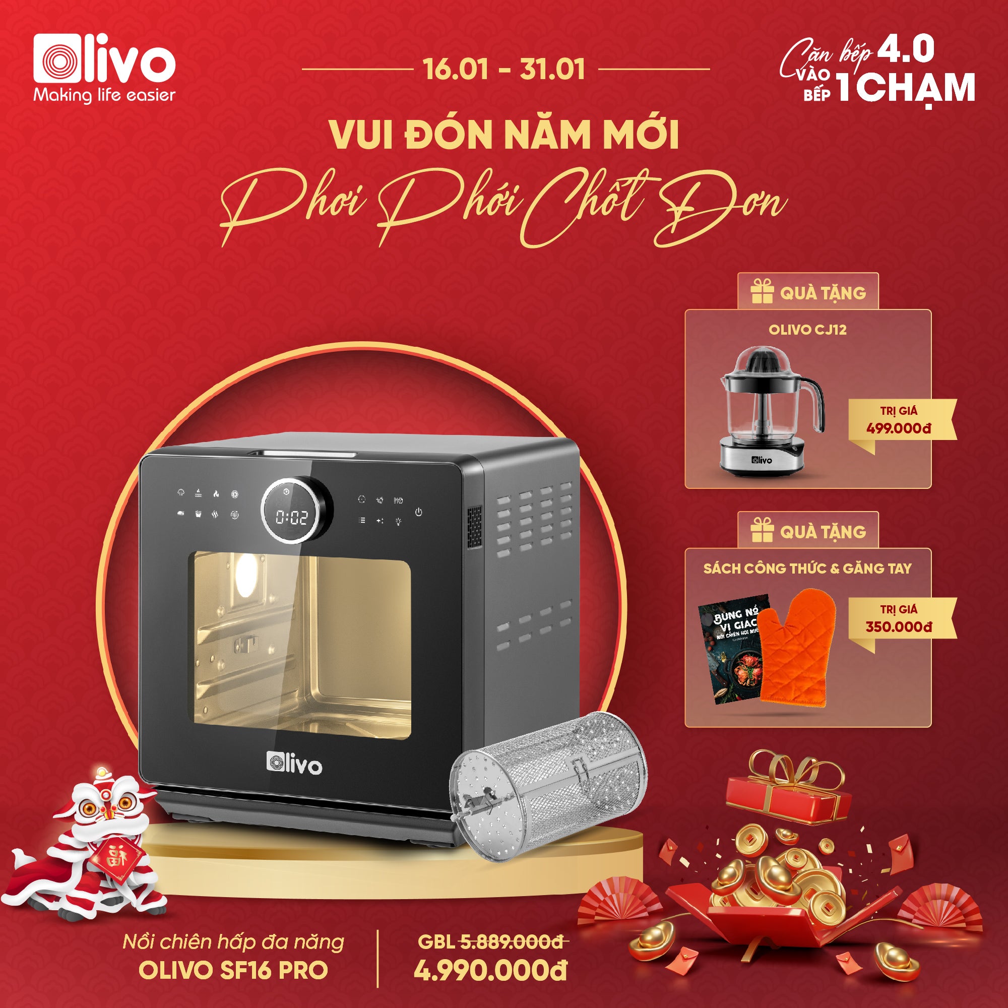 Nồi Chiên Hấp Đa Năng OLIVO SF16 PRO 2025 - 70 Chế Độ Cài Sẵn, Toàn Bộ Khoang Nồi Và Phụ Kiện Bằng Inox 304 Cao Cấp, Dung Tích 16L, Vệ Sinh Dễ Dàng