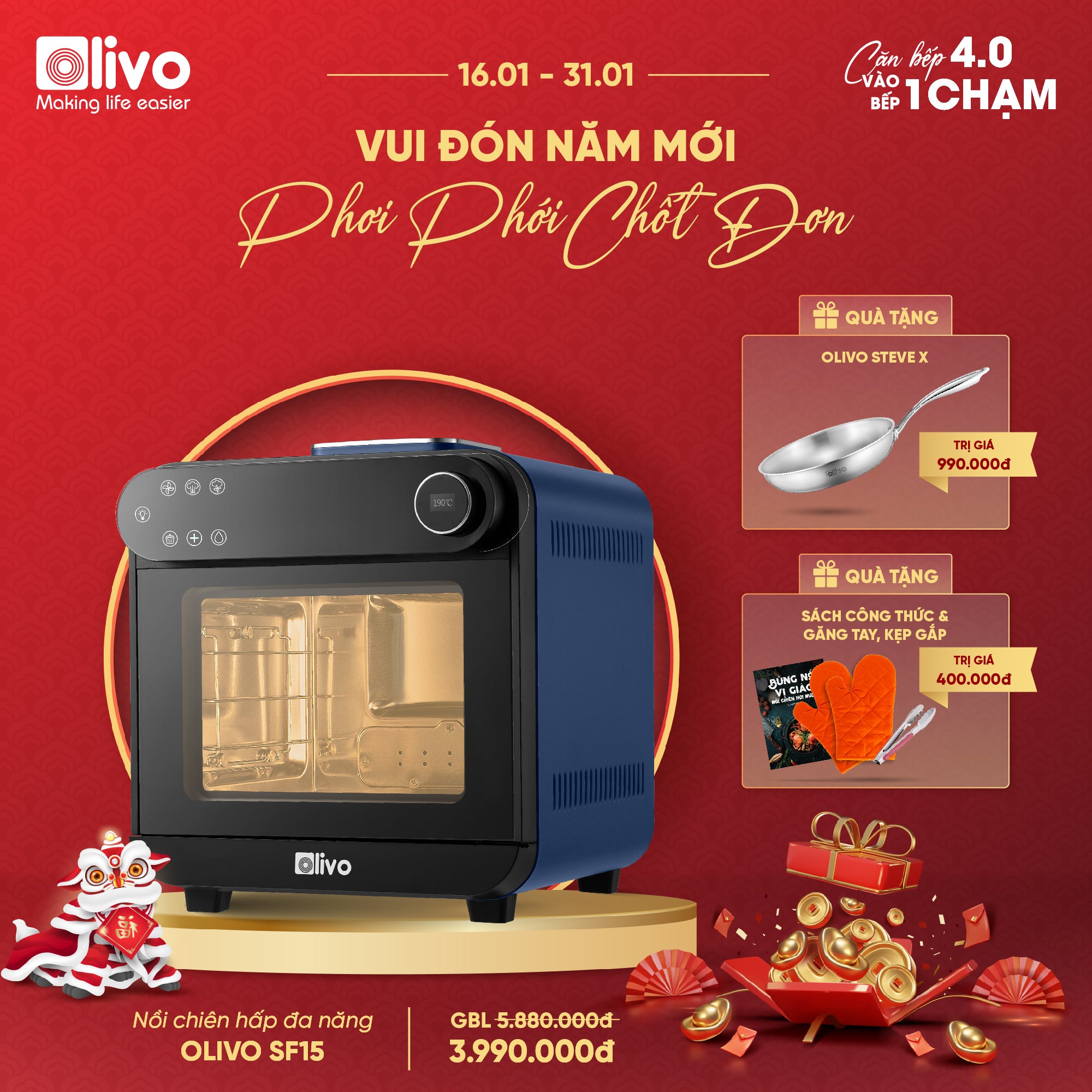 Nồi Chiên Hấp Đa Năng OLIVO SF15 – 37 Chương Trình Cài Sẵn – Dung Tích 15L – Công Suất 2620W