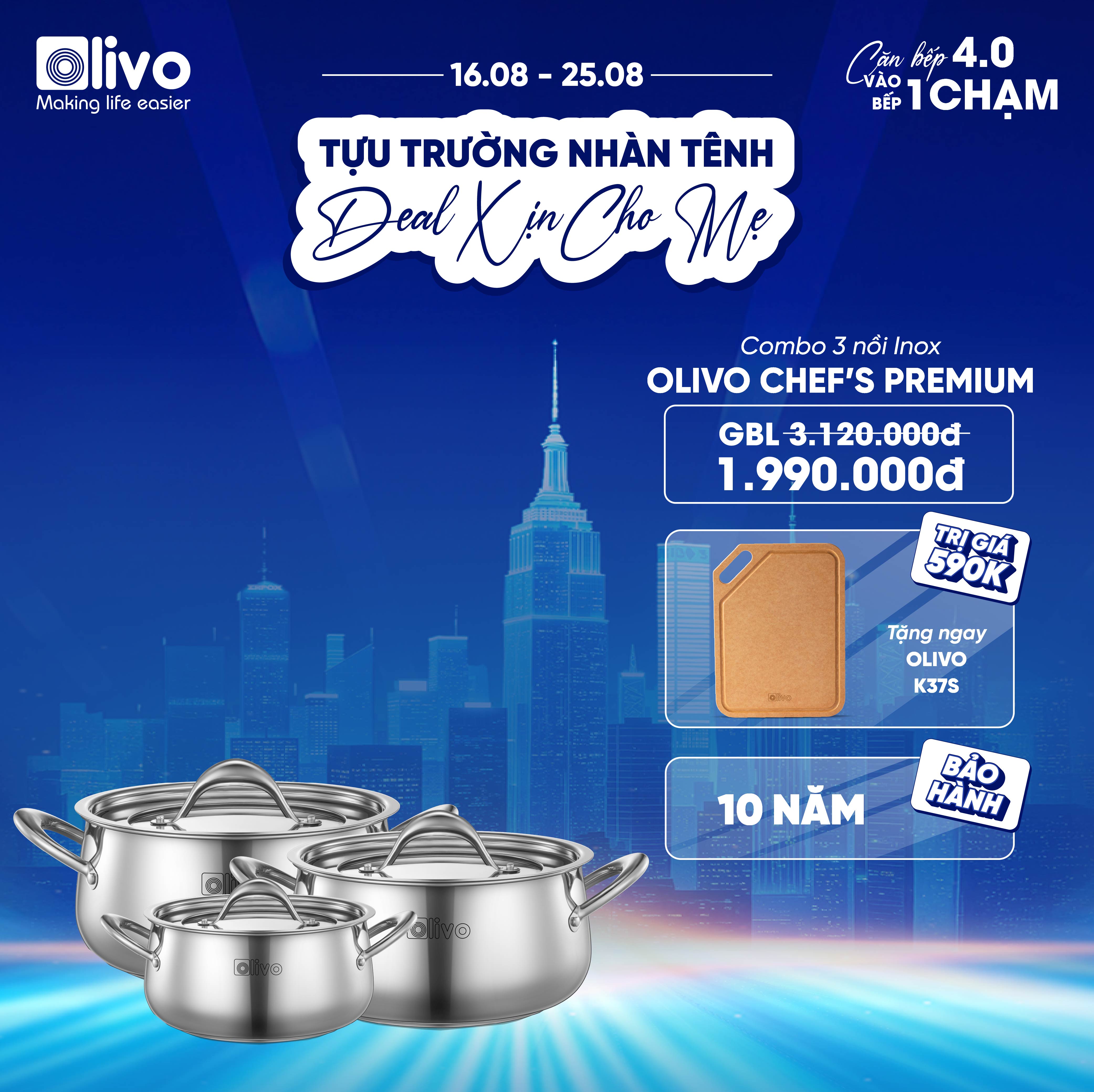 Bộ Nồi Inox OLIVO Chef’s Premium - Bộ 3 Nồi - Đa Dạng Kích Thước - Đáy Kép Liền Khối - Nắp Kính Cường Lực - Nấu Được Trên Mọi Loại Bếp