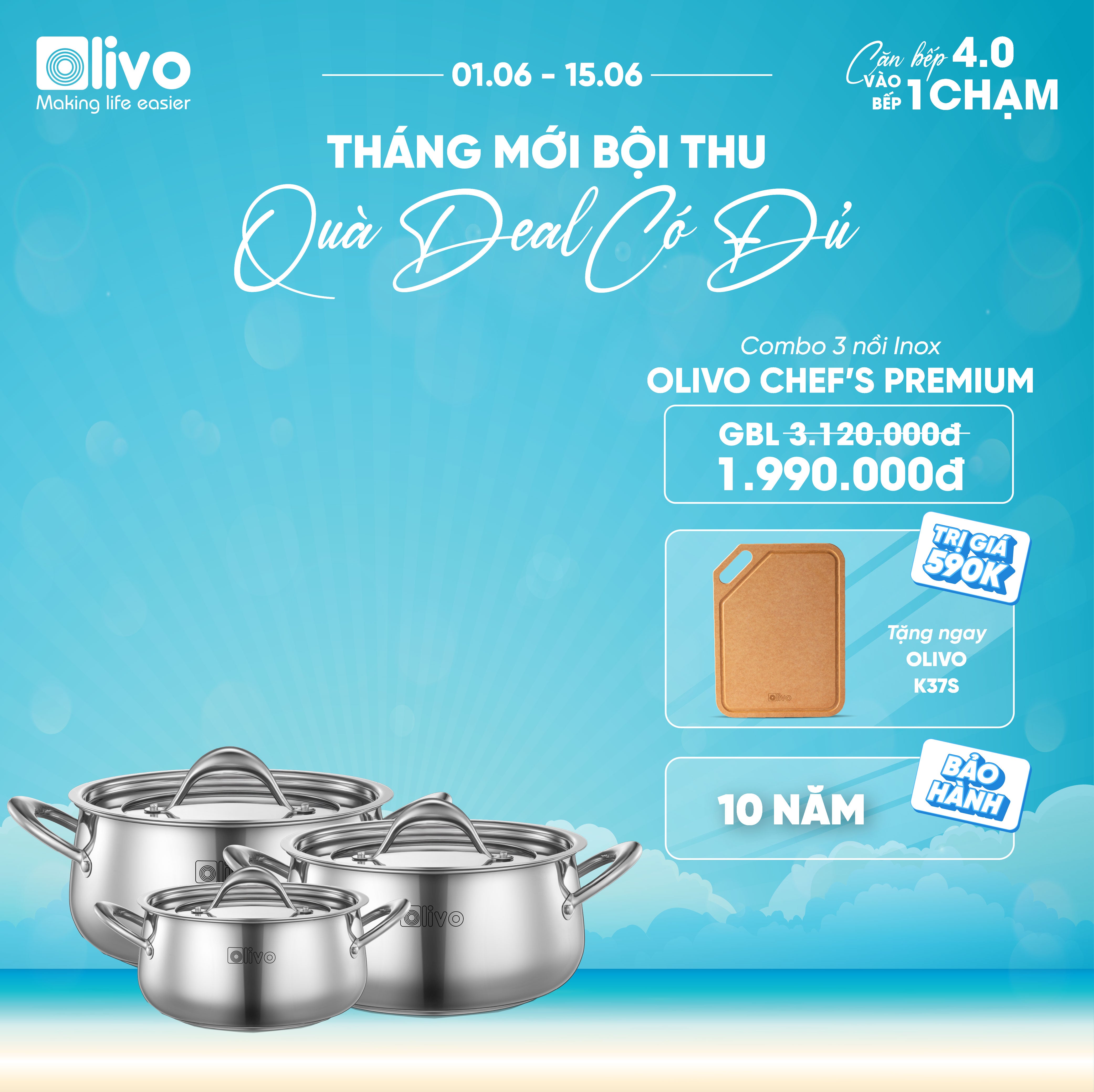 Bộ Nồi Inox OLIVO Chef’s Premium - Bộ 3 Nồi - Đa Dạng Kích Thước - Đáy Kép Liền Khối - Nắp Kính Cường Lực - Nấu Được Trên Mọi Loại Bếp
