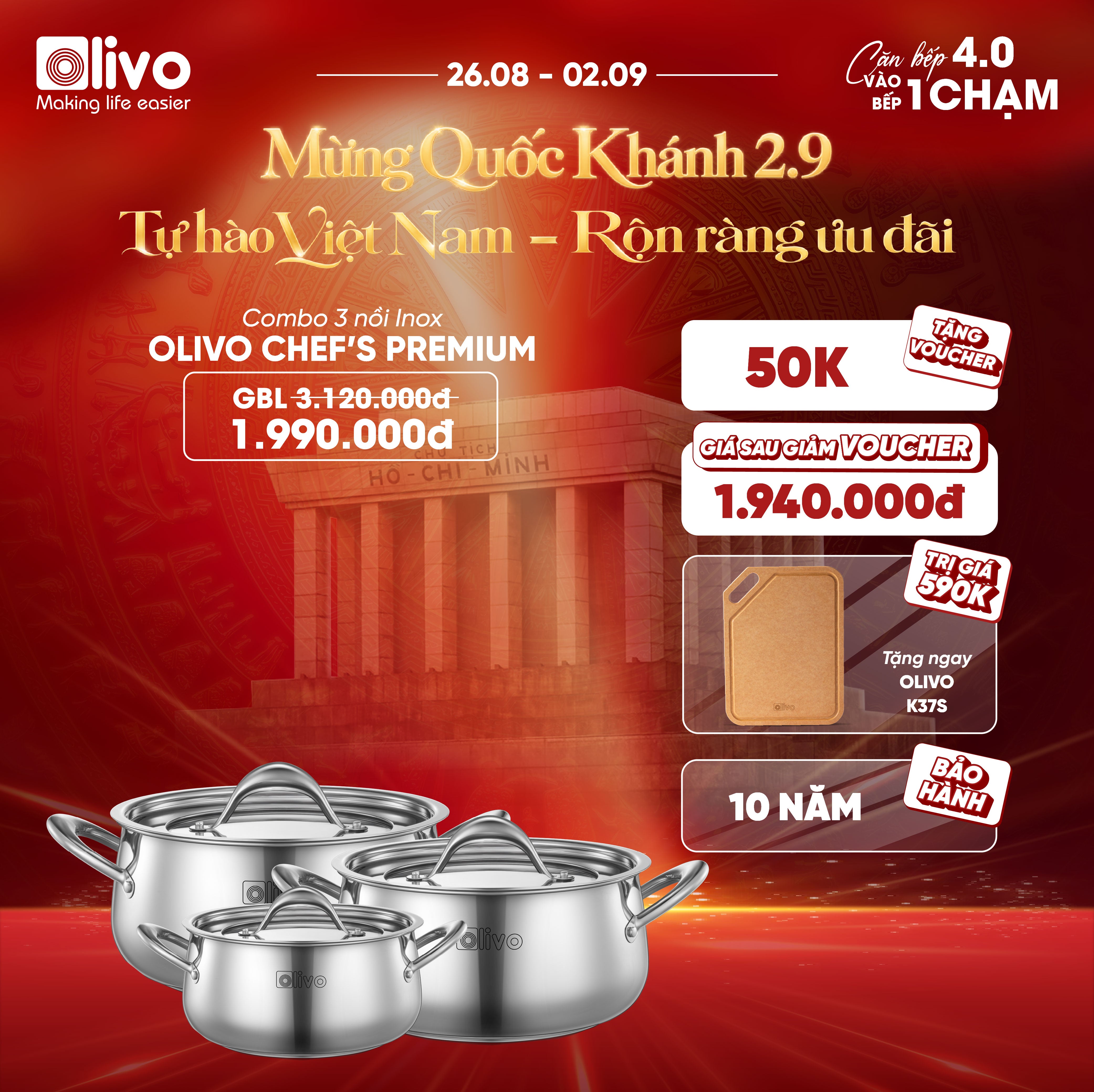 Bộ Nồi Inox OLIVO Chef’s Premium - Bộ 3 Nồi - Đa Dạng Kích Thước - Đáy Kép Liền Khối - Nắp Kính Cường Lực - Nấu Được Trên Mọi Loại Bếp