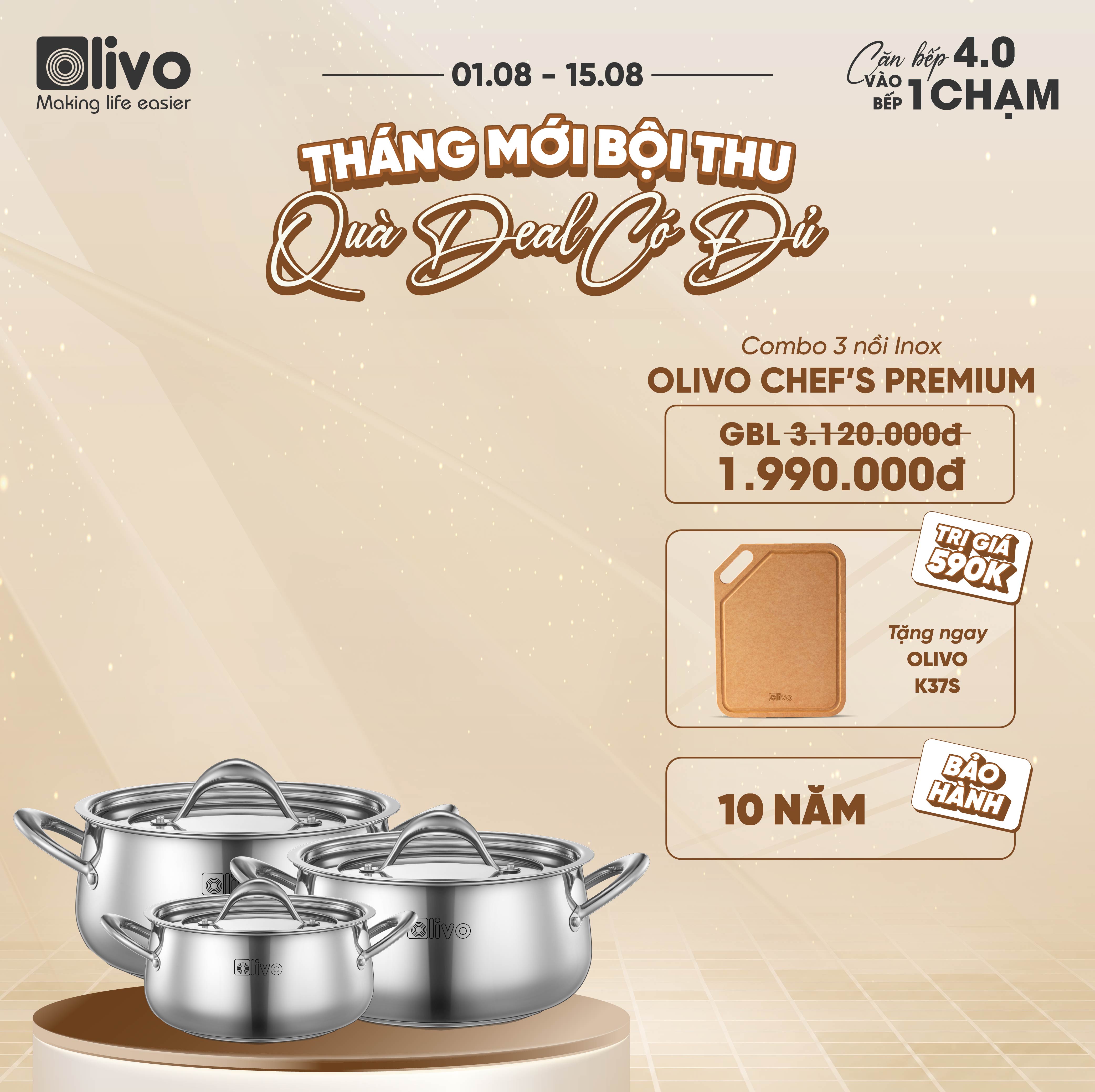 Bộ Nồi Inox OLIVO Chef’s Premium - Bộ 3 Nồi - Đa Dạng Kích Thước - Đáy Kép Liền Khối - Nắp Kính Cường Lực - Nấu Được Trên Mọi Loại Bếp